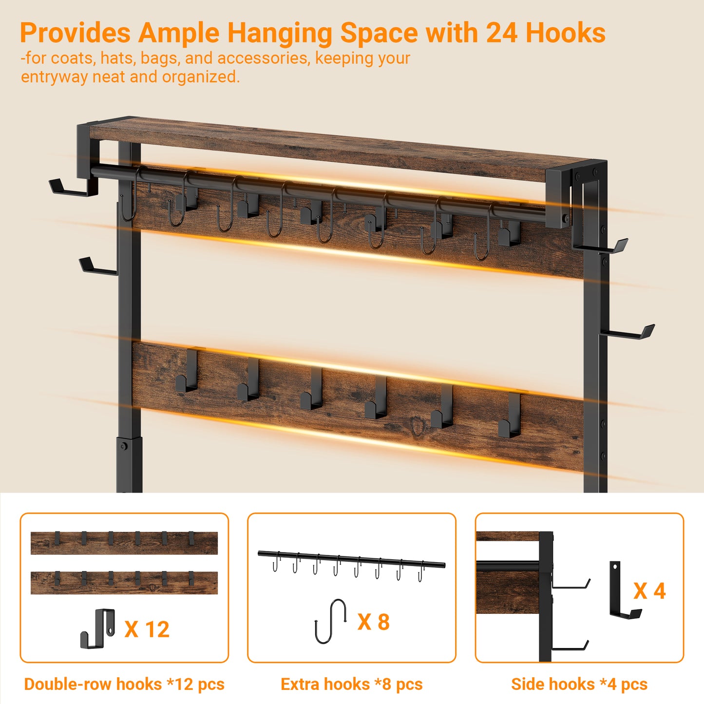 Laintene Hall Tree with Bench - 6-in-1 Wider 39.4" Entryway Organizer, 24 Adjustable Hooks & 2 Drawers, Hanging Rod & Top Shelf, 300lb Weight Capacity for Hallway and Living Room, Rustic Brown