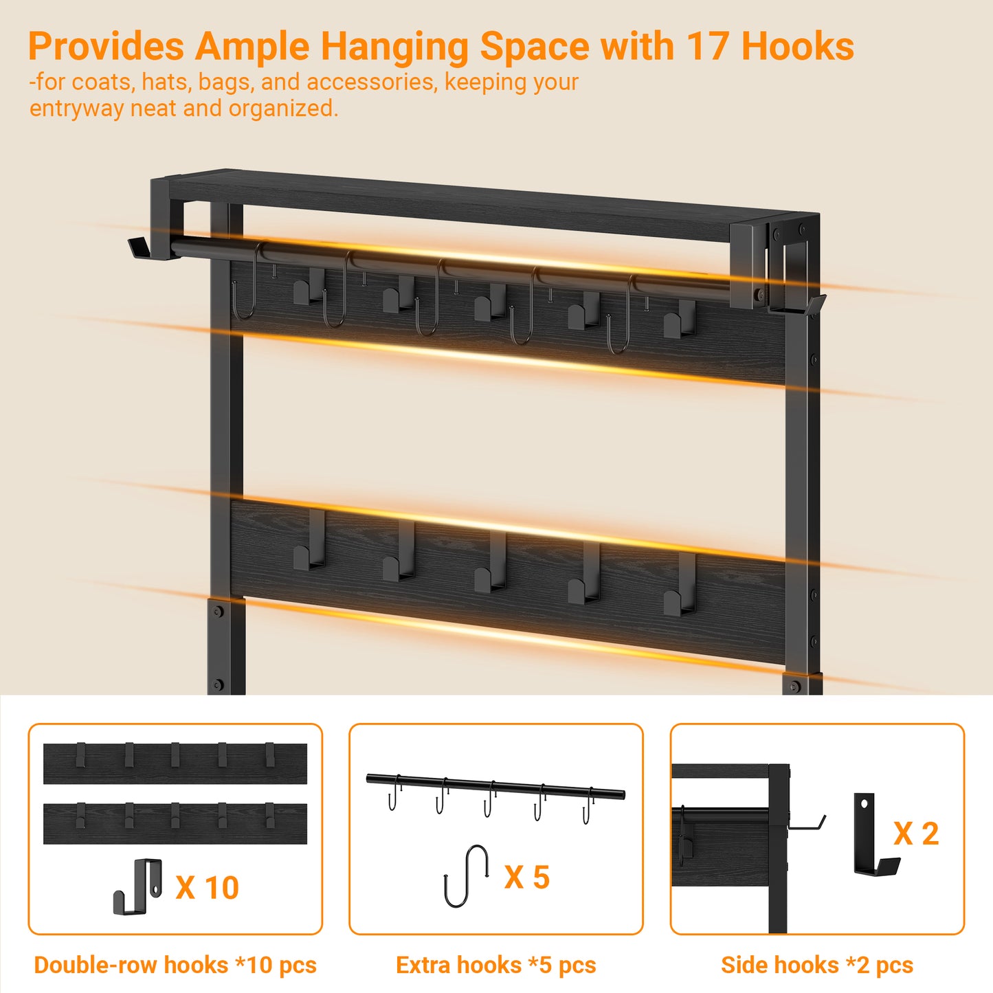 Laintene Hall Tree with Bench - 6-in-1 Industrial 31.5" Entryway Organizer, 17 Adjustable Hooks & 2 Drawers, Hanging Rod & Top Shelf, 300lb Weight Capacity for Hallway and Living Room, Black
