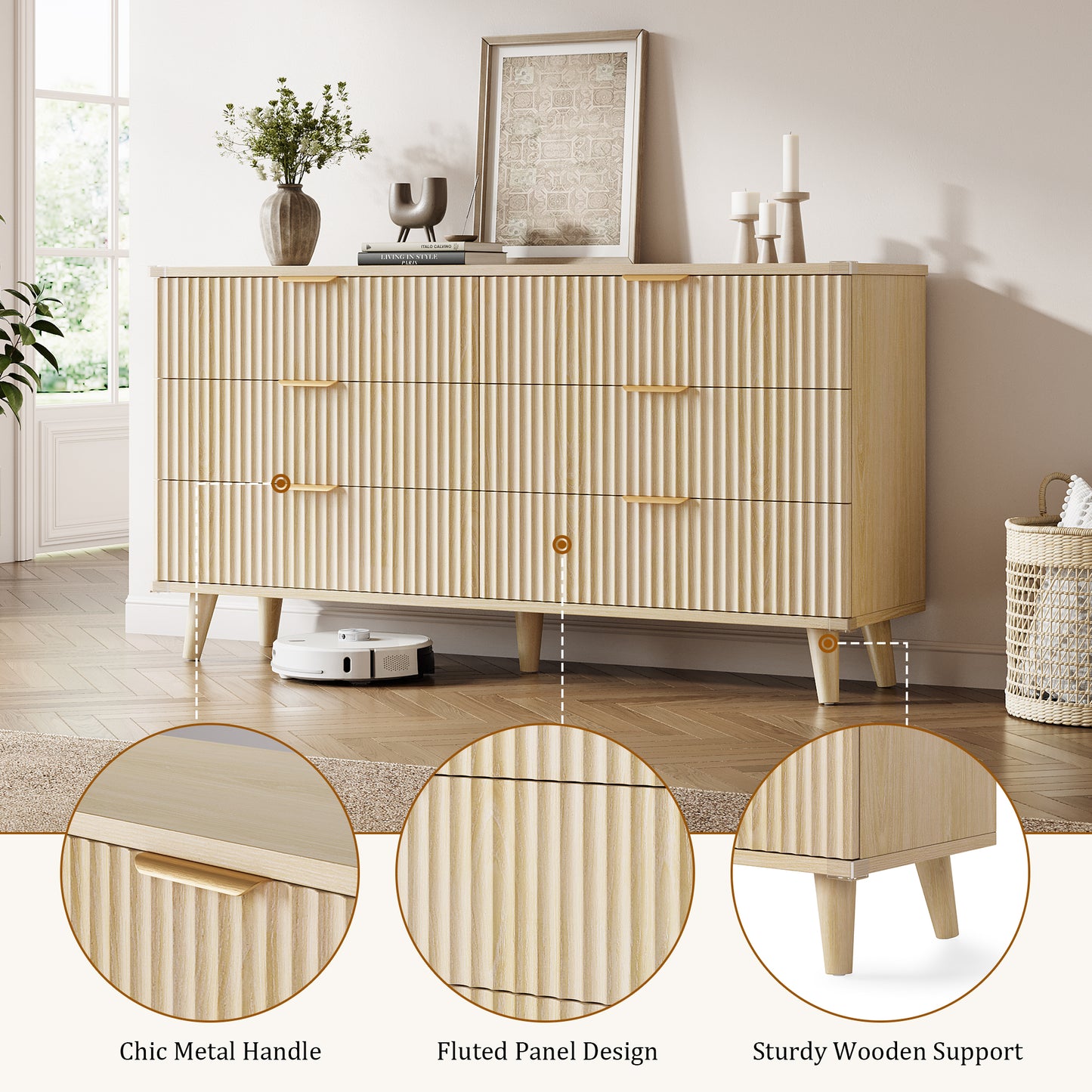 Laintene 6 Drawer Dresser for Bedroom – Solid Wood Fluted Storage Cabinet with Metal Handles, Modern Wave Design for Bedroom, Living Room & Entryway, Natural