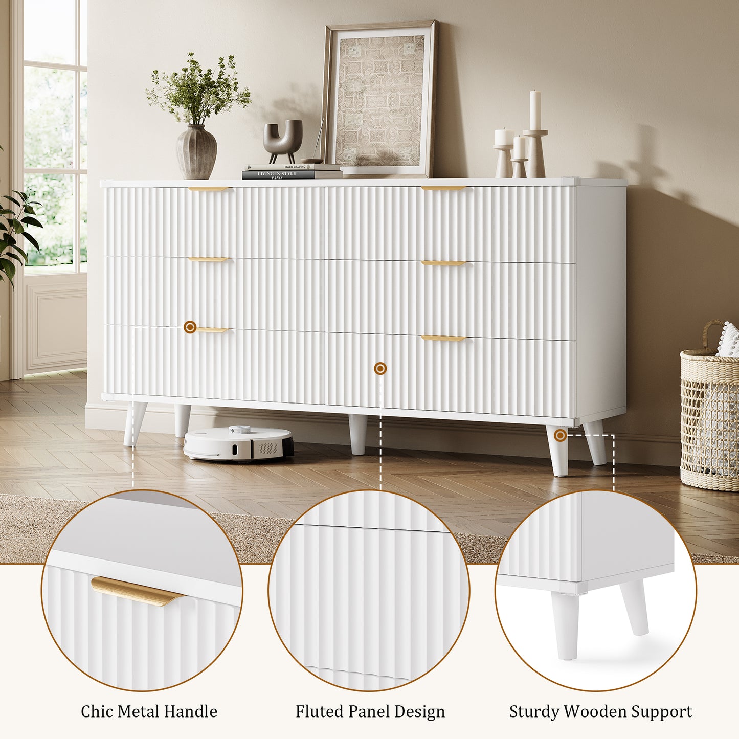 Laintene 6 Drawer Dresser for Bedroom – Solid Wood Fluted Storage Cabinet with Metal Handles, Modern Wave Design for Bedroom, Living Room & Entryway, White