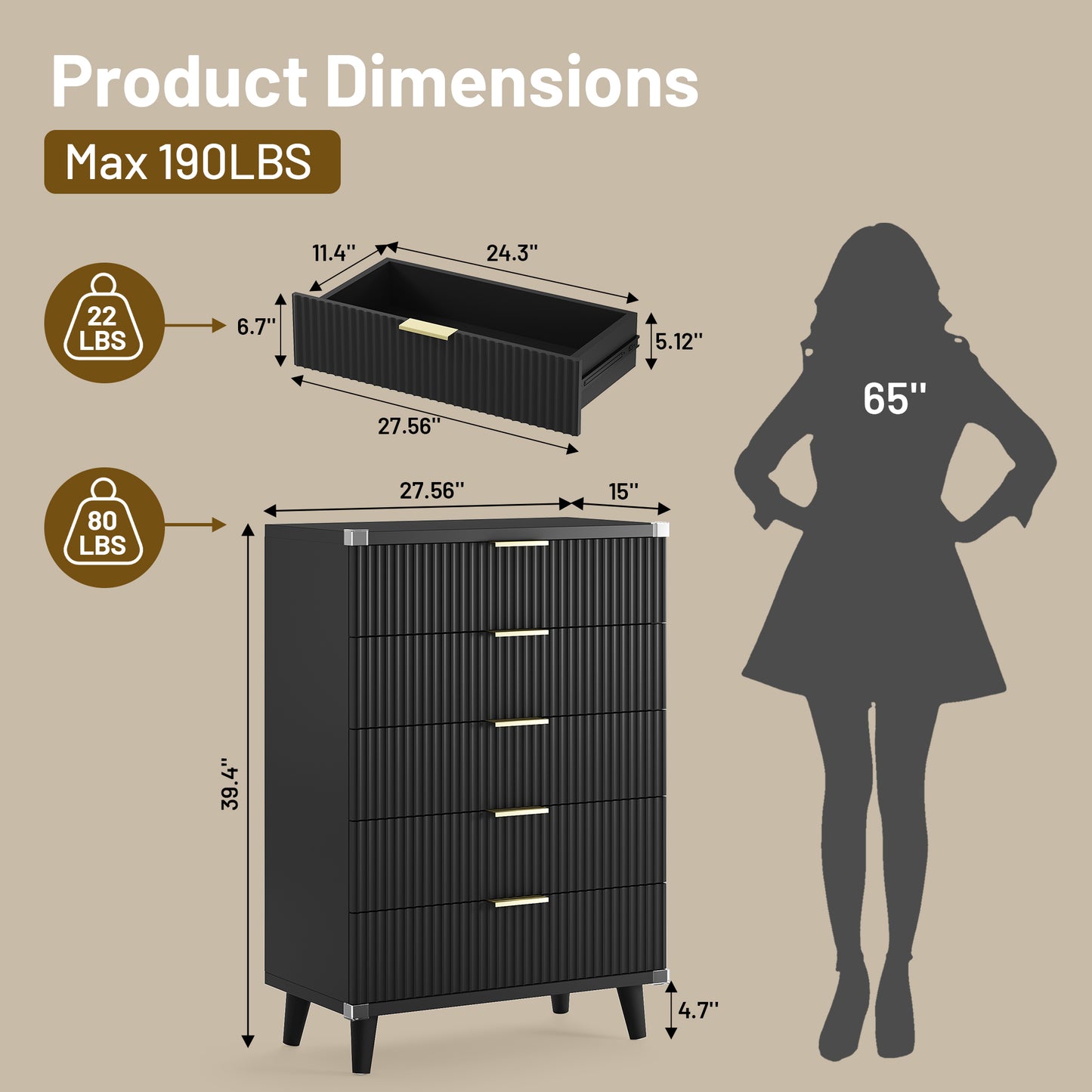 Laintene 5-Drawer Tall Dresser - Slim Boho Storage Cabinet with Fluted Design, Solid Wooden Chest for Bedroom, Closet & Small Spaces, Black