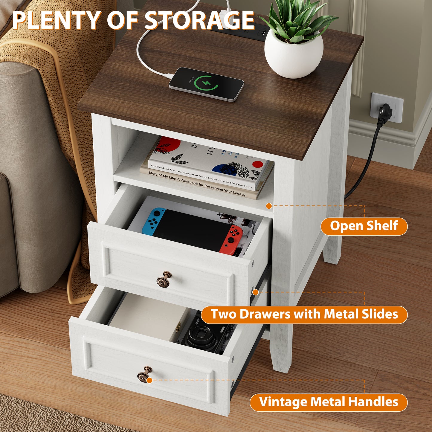 LainTene Nightstand with Charging Station, Farmhouse Bedside Table with 2 Drawers, USB & AC Outlets for Bedroom & Living Room, Oak White Finish