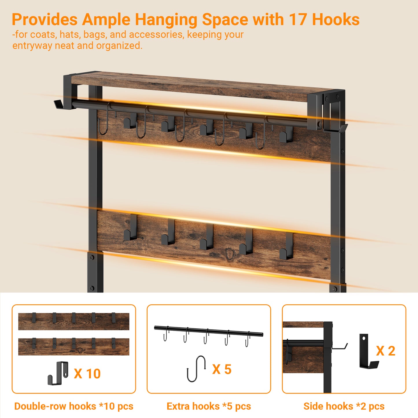 Laintene Hall Tree with Bench - 6-in-1 Industrial 31.5" Entryway Organizer, 17 Adjustable Hooks & 2 Drawers, Hanging Rod & Top Shelf, 300lb Weight Capacity for Hallway and Living Room, Rustic Brown