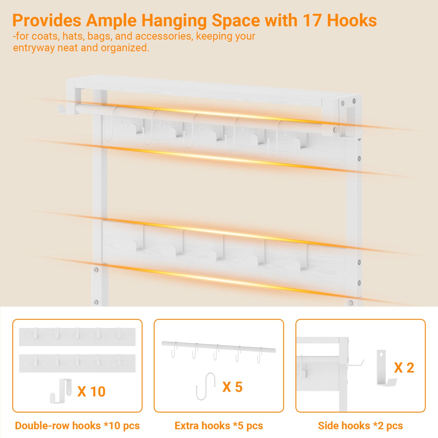 Laintene Hall Tree with Bench - 6-in-1 Industrial 31.5" Entryway Organizer, 17 Adjustable Hooks & 2 Drawers, Hanging Rod & Top Shelf, 300lb Weight Capacity for Hallway and Living Room, White