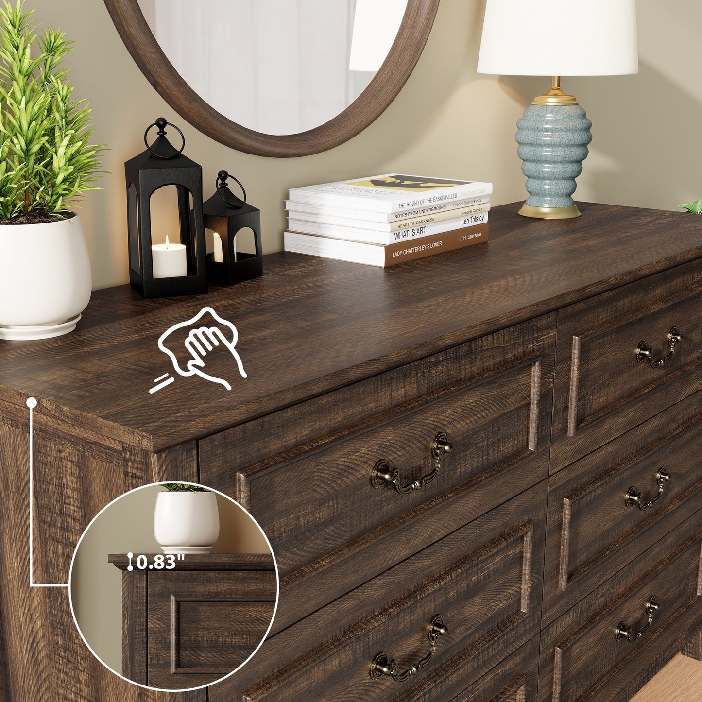 Laintene Farmhouse 6-Drawer Dresser - Rustic Wood Dresser with Antique Bronze Handles, Vintage Storage Chest for Bedroom, Living Room & Entryway