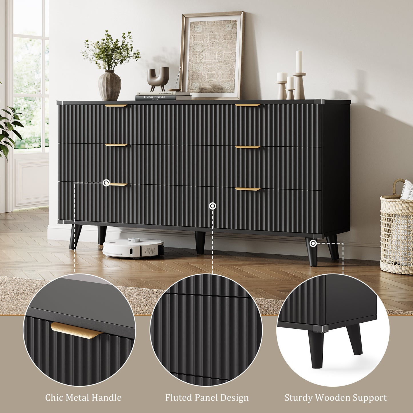 Laintene 6 Drawer Dresser for Bedroom – Solid Wood Fluted Storage Cabinet with Metal Handles, Modern Wave Design for Bedroom, Living Room & Entryway, Black