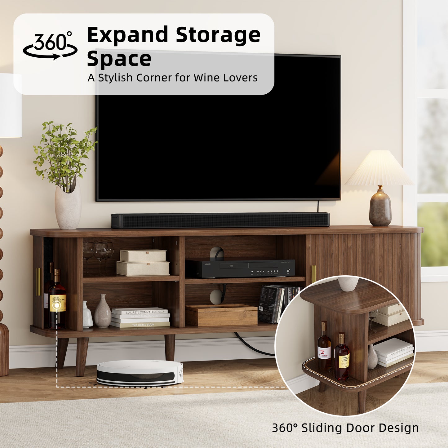 LainTene 65 Inch TV Stand with Sliding Doors – Modern Fluted Media Console for Living Room, Power Outlets (2 USB + 2 AC), Adjustable Shelves, Walnut Entertainment Center