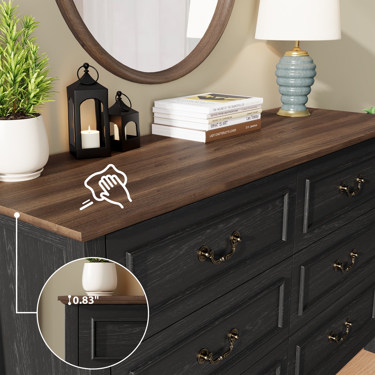 LainTene Farmhouse 6-Drawer Dresser - Rustic Black Wood Dresser with Antique Bronze Handles, Vintage Storage Chest for Bedroom, Living Room & Entryway