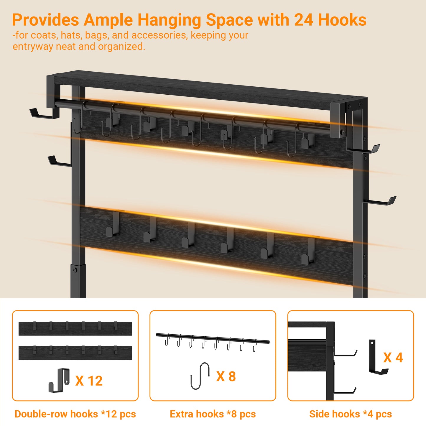 Laintene Hall Tree with Bench - 6-in-1 Wider 39.4" Entryway Organizer, 24 Adjustable Hooks & 2 Drawers, Hanging Rod & Top Shelf, 300lb Weight Capacity for Hallway and Living Room, Black