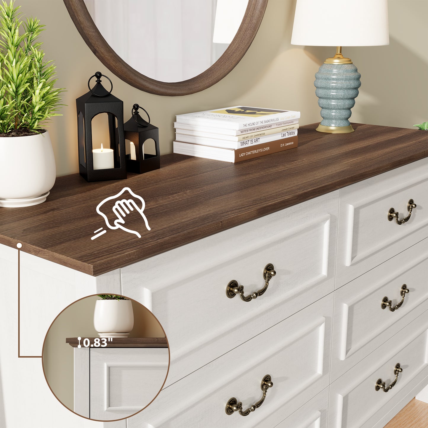 LainTene Farmhouse 6-Drawer Dresser - Rustic White Wood Dresser with Antique Bronze Handles, Vintage Storage Chest for Bedroom, Living Room & Entryway
