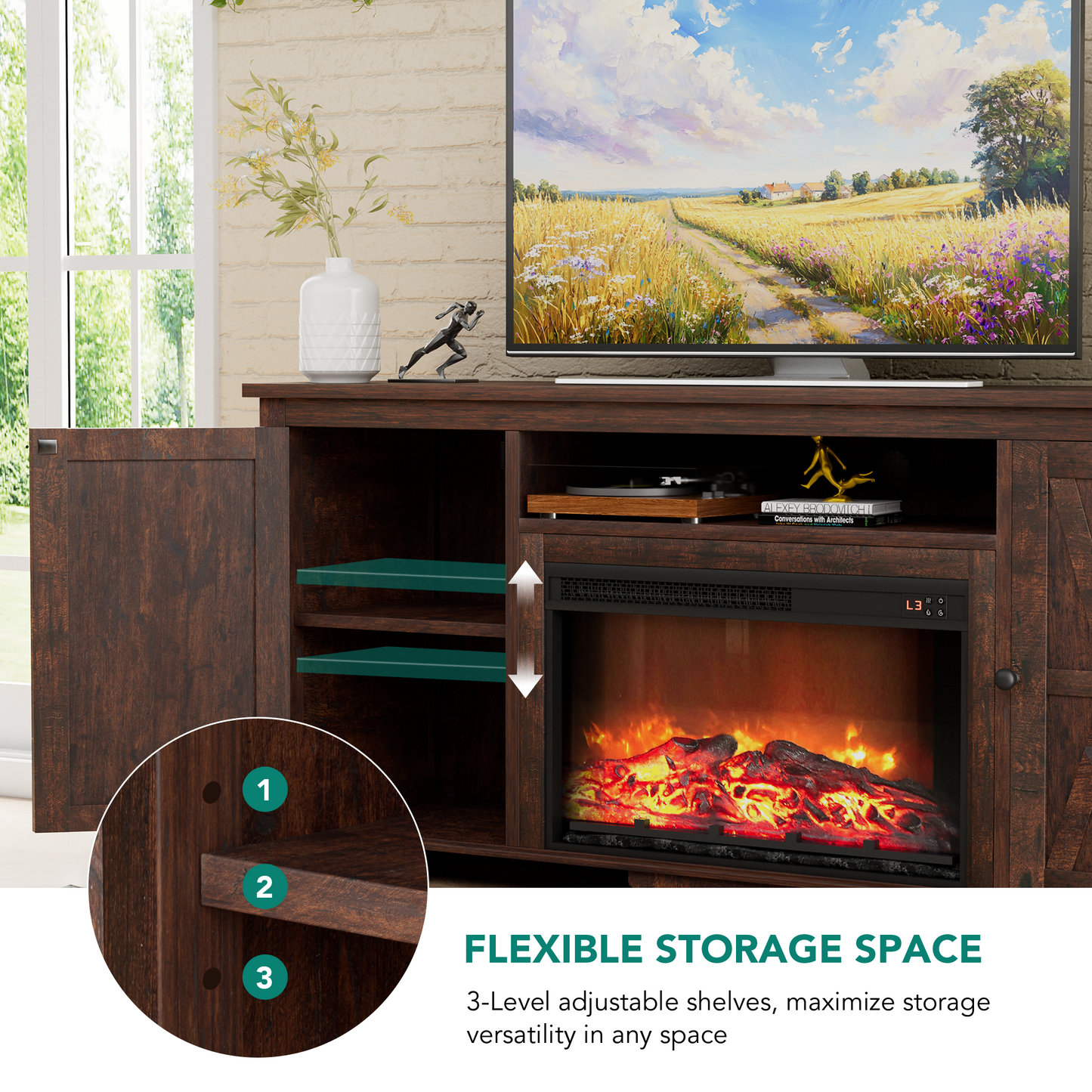 Laintene TV Stand with Fireplace for 65" TV, Electric Fireplace Entertainment Center with Storage Cabinets & Adjustable Shelves, 1400W Heater Farmhouse TV Stand for Living Room, Brown