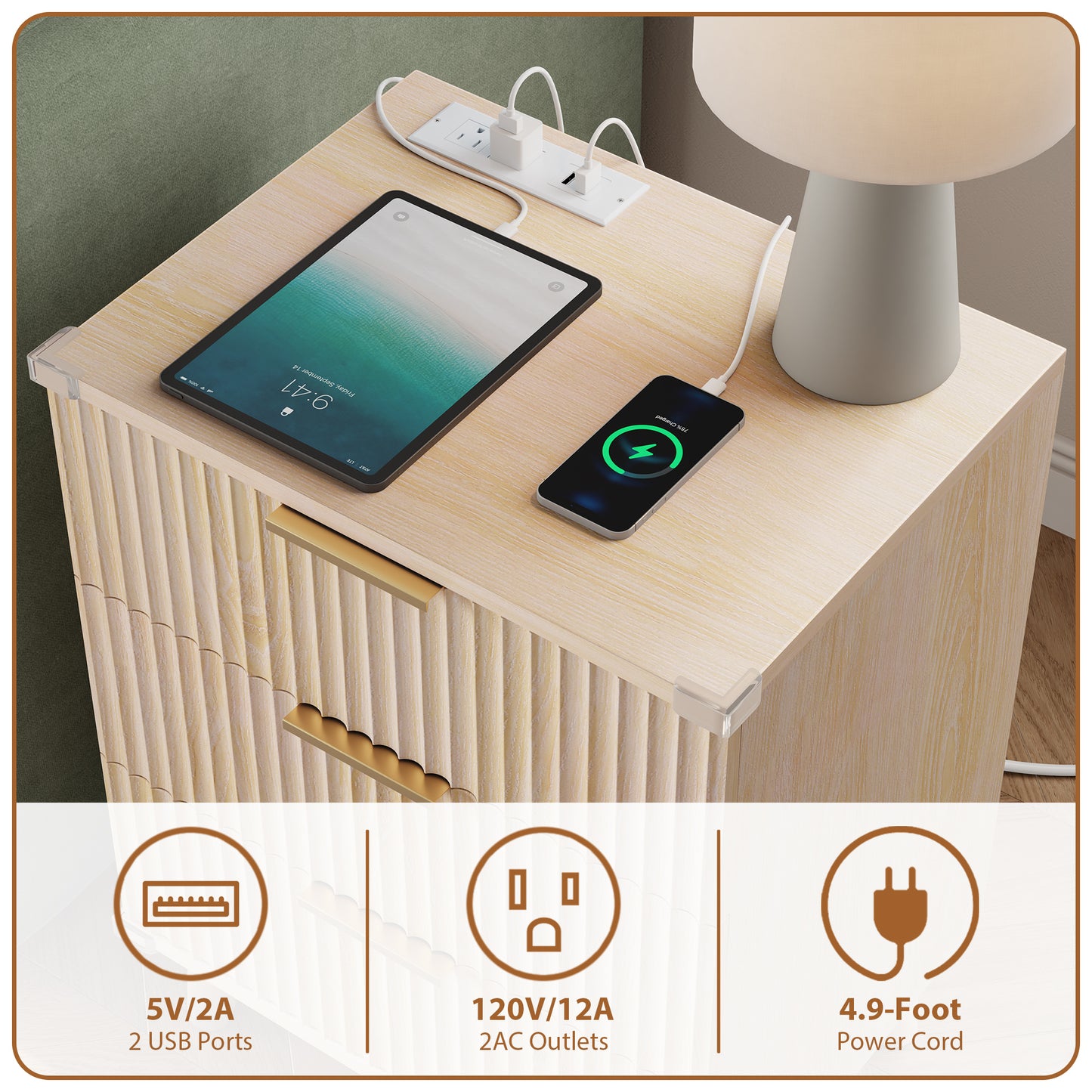 Laintene 3-Drawer Dresser Set of 2, Nightstand with Charging Station - Modern Fluted with Solid Wood Legs, 2 AC Outlets & 2 USB Ports, Small End Table with Storage, Natural