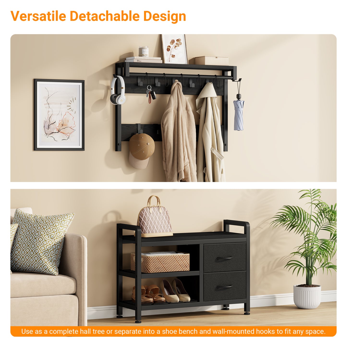 Laintene Hall Tree with Bench - 6-in-1 Industrial 31.5" Entryway Organizer, 17 Adjustable Hooks & 2 Drawers, Hanging Rod & Top Shelf, 300lb Weight Capacity for Hallway and Living Room, Black