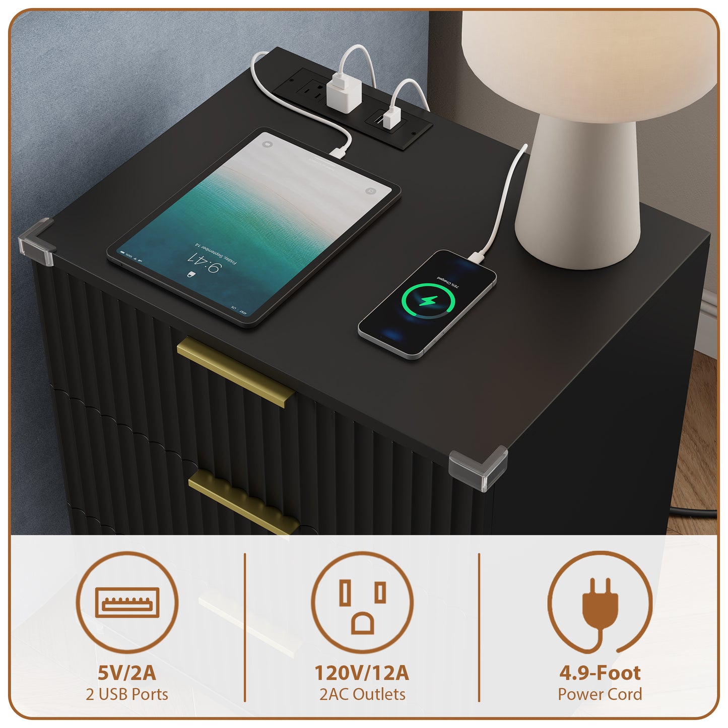 Laintene 3-Drawer Dresser Set of 2, Nightstand with Charging Station - Modern Fluted with Solid Wood Legs, 2 AC Outlets & 2 USB Ports, Small End Table with Storage, Black