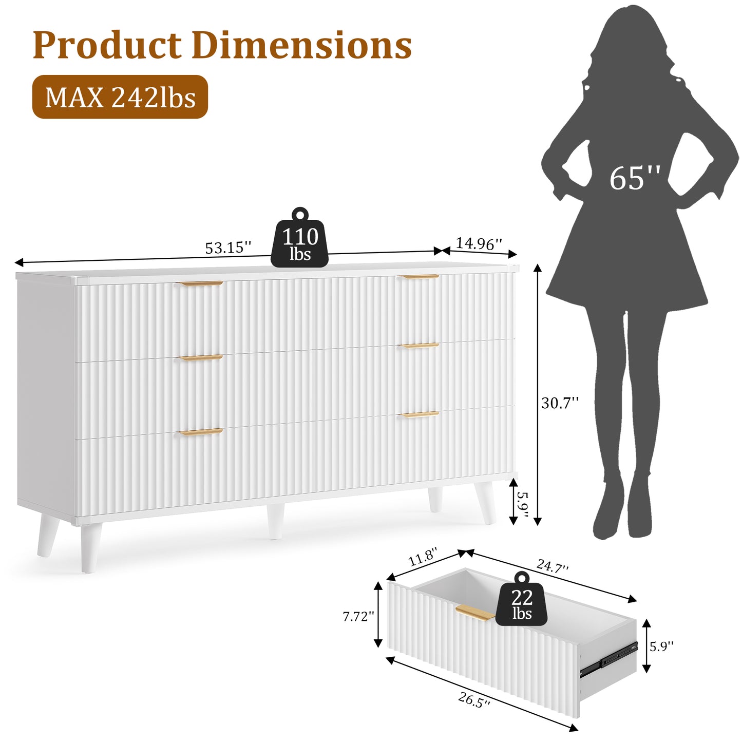 Laintene 6 Drawer Dresser for Bedroom – Solid Wood Fluted Storage Cabinet with Metal Handles, Modern Wave Design for Bedroom, Living Room & Entryway, White