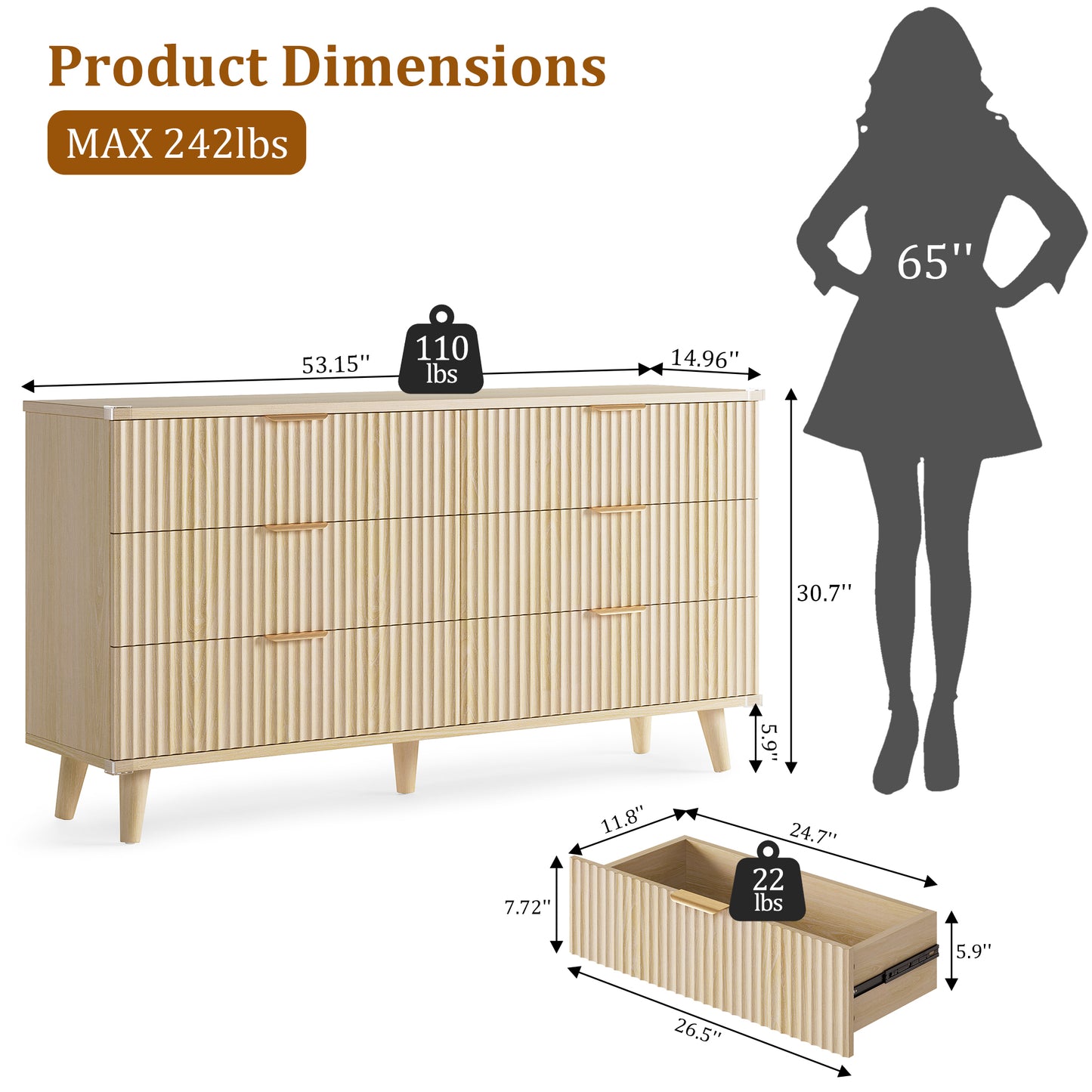 Laintene 6 Drawer Dresser for Bedroom – Solid Wood Fluted Storage Cabinet with Metal Handles, Modern Wave Design for Bedroom, Living Room & Entryway, Natural