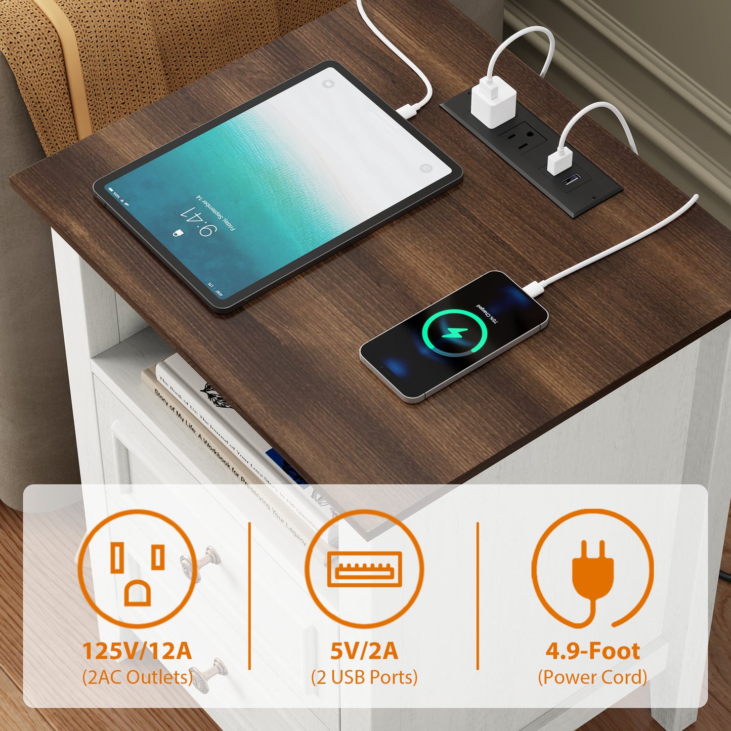 LainTene Nightstand with Charging Station, Farmhouse Bedside Table with 2 Drawers, USB & AC Outlets for Bedroom & Living Room, Oak White Finish