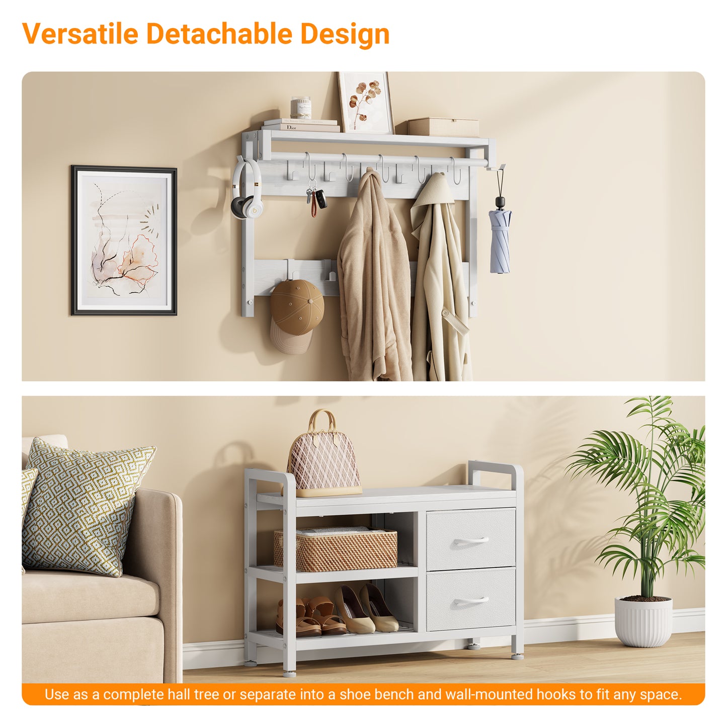 Laintene Hall Tree with Bench - 6-in-1 Industrial 31.5" Entryway Organizer, 17 Adjustable Hooks & 2 Drawers, Hanging Rod & Top Shelf, 300lb Weight Capacity for Hallway and Living Room, White