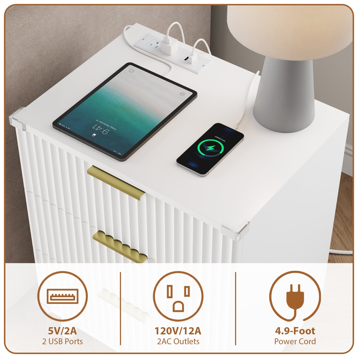 Laintene 3-Drawer Dresser Set of 2, Nightstand with Charging Station - Modern Fluted with Solid Wood Legs, 2 AC Outlets & 2 USB Ports, Small End Table with Storage, White