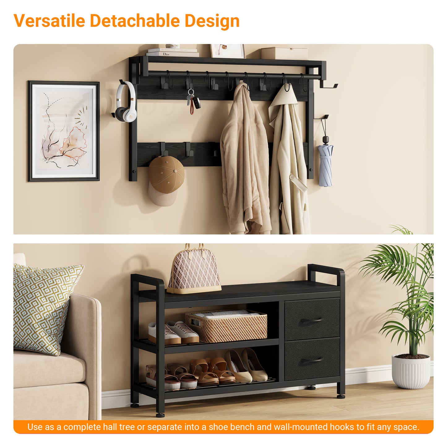 Laintene Hall Tree with Bench - 6-in-1 Wider 39.4" Entryway Organizer, 24 Adjustable Hooks & 2 Drawers, Hanging Rod & Top Shelf, 300lb Weight Capacity for Hallway and Living Room, Black