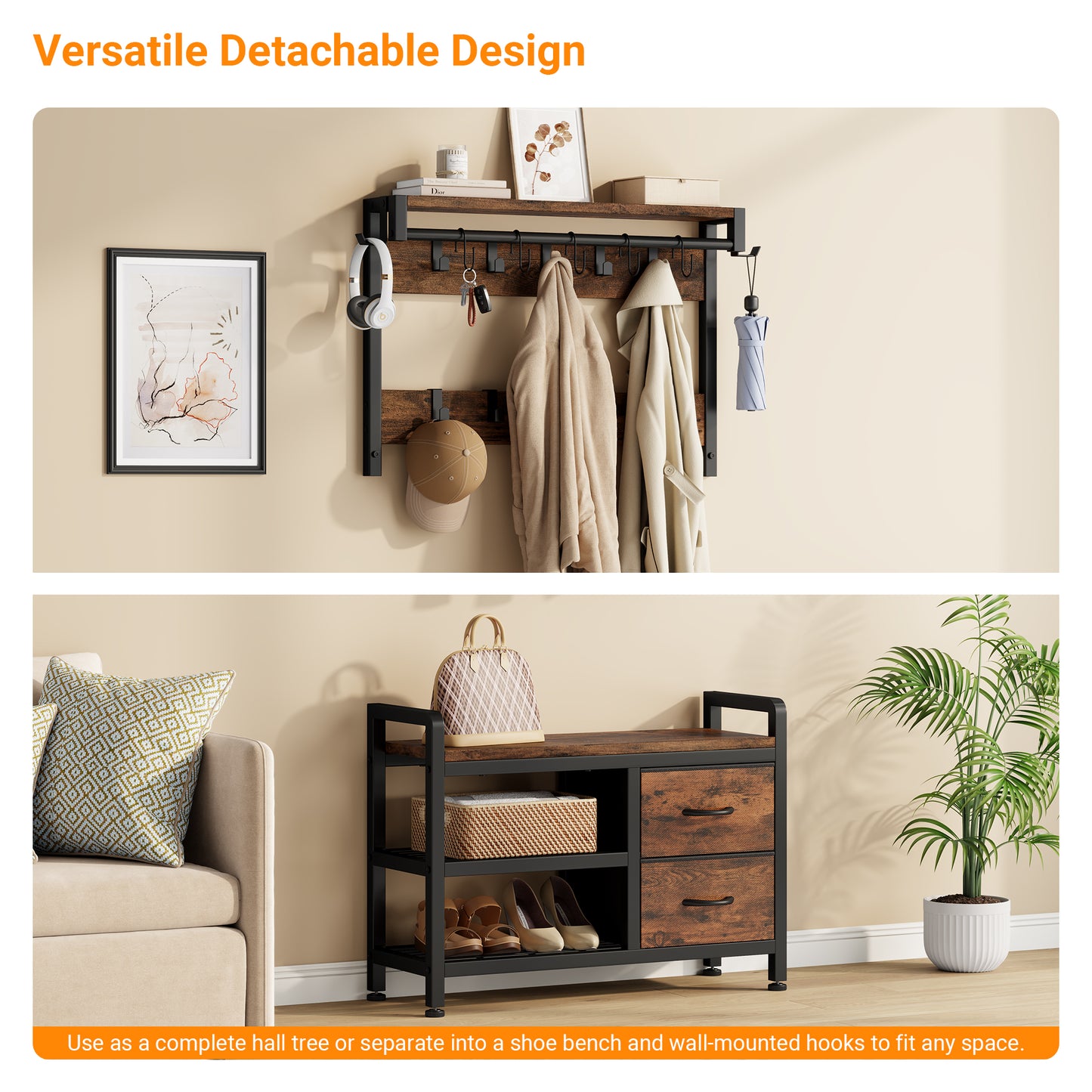 Laintene Hall Tree with Bench - 6-in-1 Industrial 31.5" Entryway Organizer, 17 Adjustable Hooks & 2 Drawers, Hanging Rod & Top Shelf, 300lb Weight Capacity for Hallway and Living Room, Rustic Brown