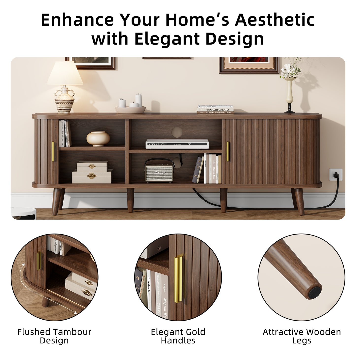 LainTene 65 Inch TV Stand with Sliding Doors – Modern Fluted Media Console for Living Room, Power Outlets (2 USB + 2 AC), Adjustable Shelves, Walnut Entertainment Center