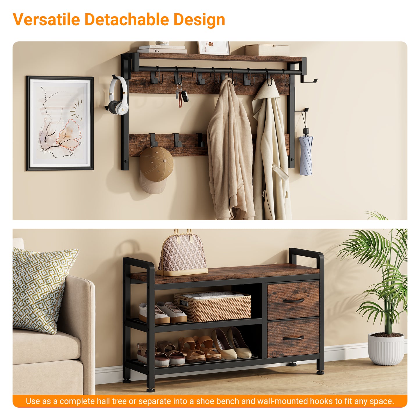 Laintene Hall Tree with Bench - 6-in-1 Wider 39.4" Entryway Organizer, 24 Adjustable Hooks & 2 Drawers, Hanging Rod & Top Shelf, 300lb Weight Capacity for Hallway and Living Room, Rustic Brown