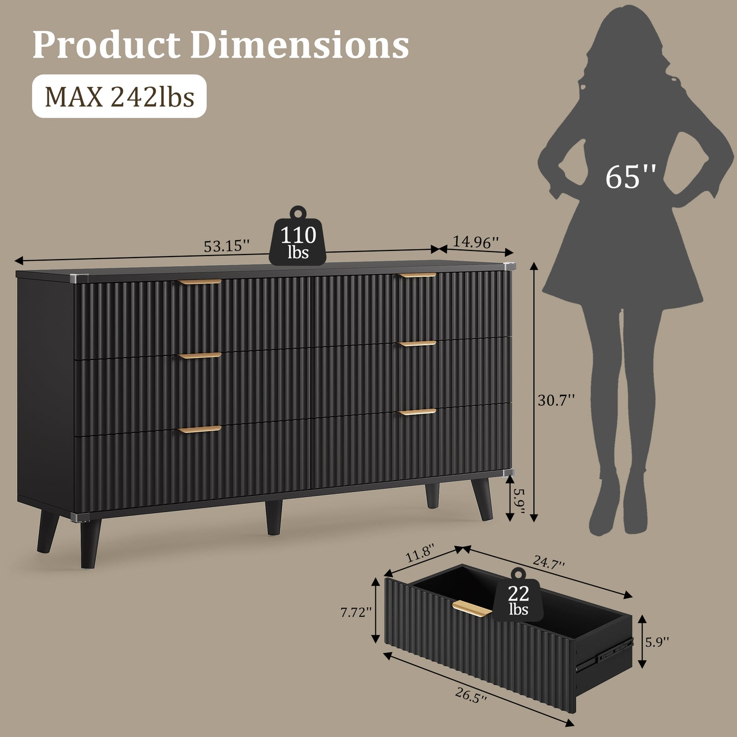 Laintene 6 Drawer Dresser for Bedroom – Solid Wood Fluted Storage Cabinet with Metal Handles, Modern Wave Design for Bedroom, Living Room & Entryway, Black
