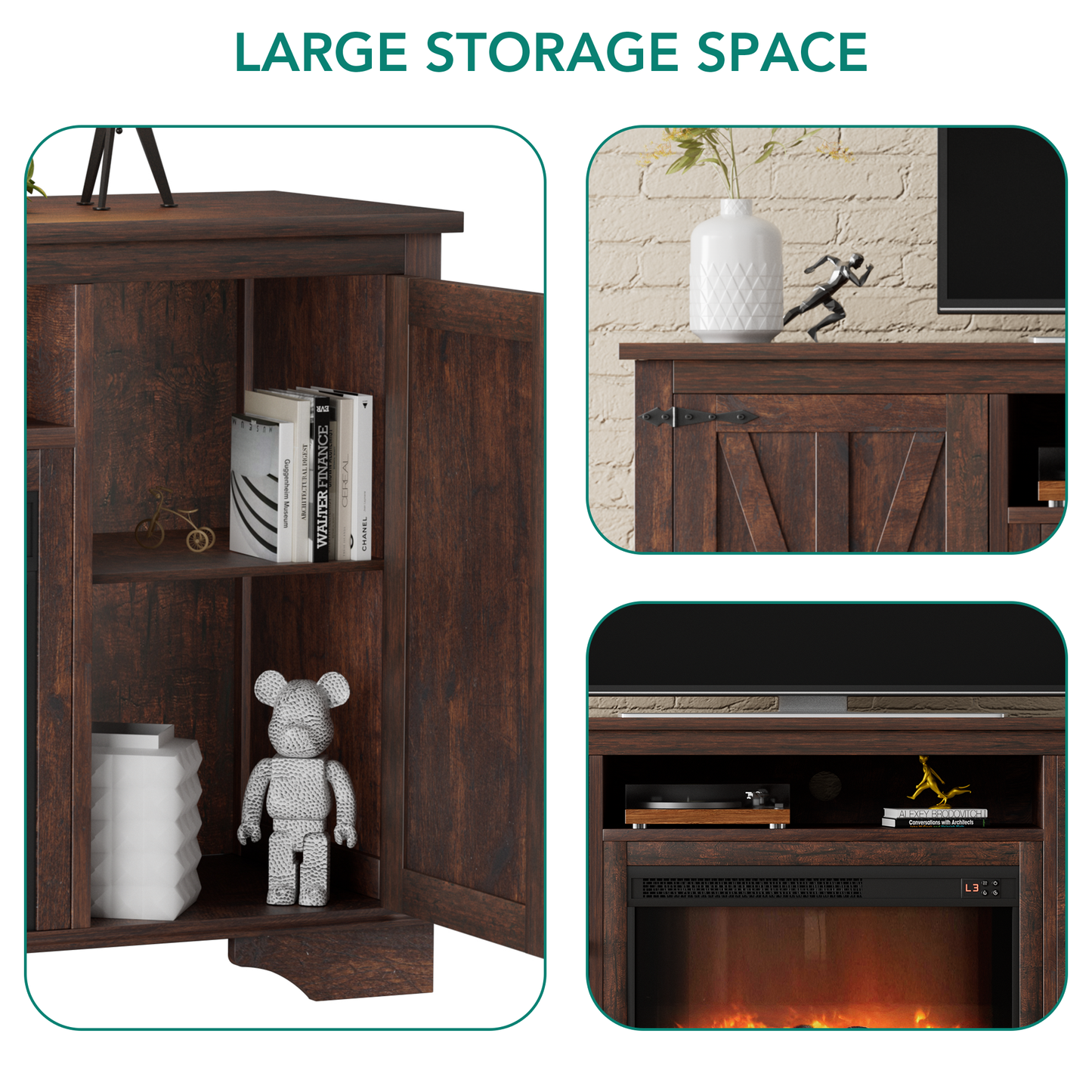 Laintene TV Stand with Fireplace for 65" TV, Electric Fireplace Entertainment Center with Storage Cabinets & Adjustable Shelves, 1400W Heater Farmhouse TV Stand for Living Room, Brown
