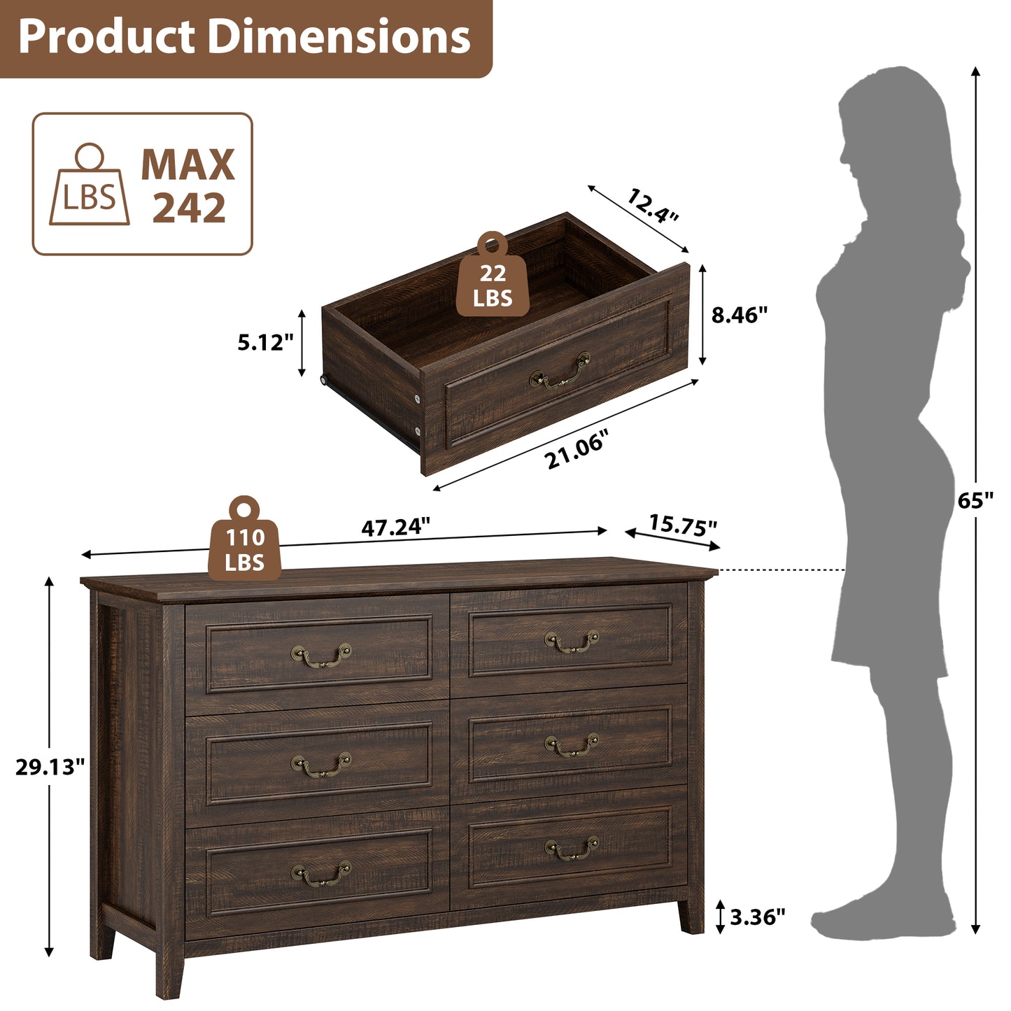 Laintene Farmhouse 6-Drawer Dresser - Rustic Wood Dresser with Antique Bronze Handles, Vintage Storage Chest for Bedroom, Living Room & Entryway