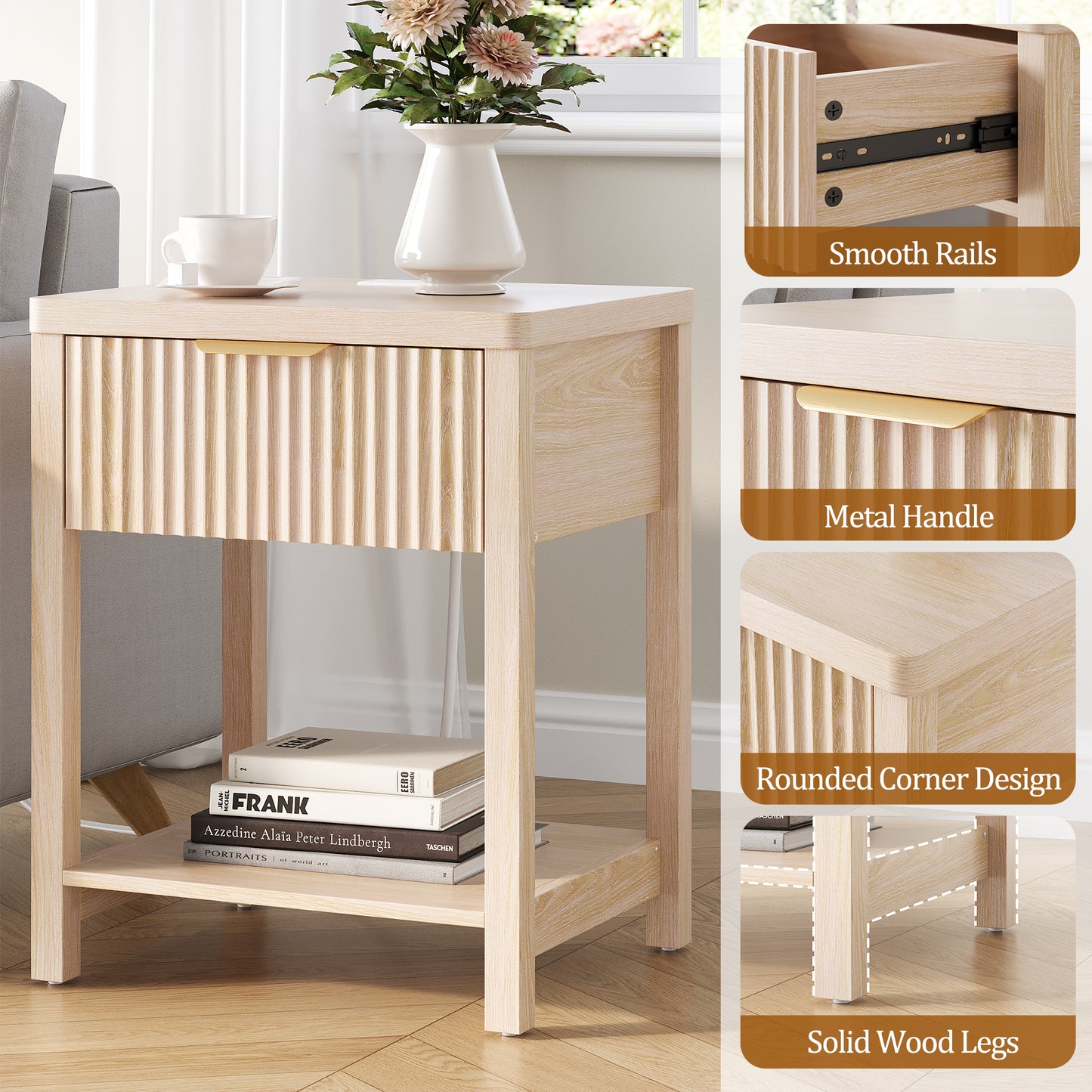 Laintene 3-Piece Boho Bedroom Set - 6-Drawer Dresser & 2 Nightstands with Drawer & USB Charging, Fluted Wooden Storage, Modern Dresser & Nightstand Combo, Natural