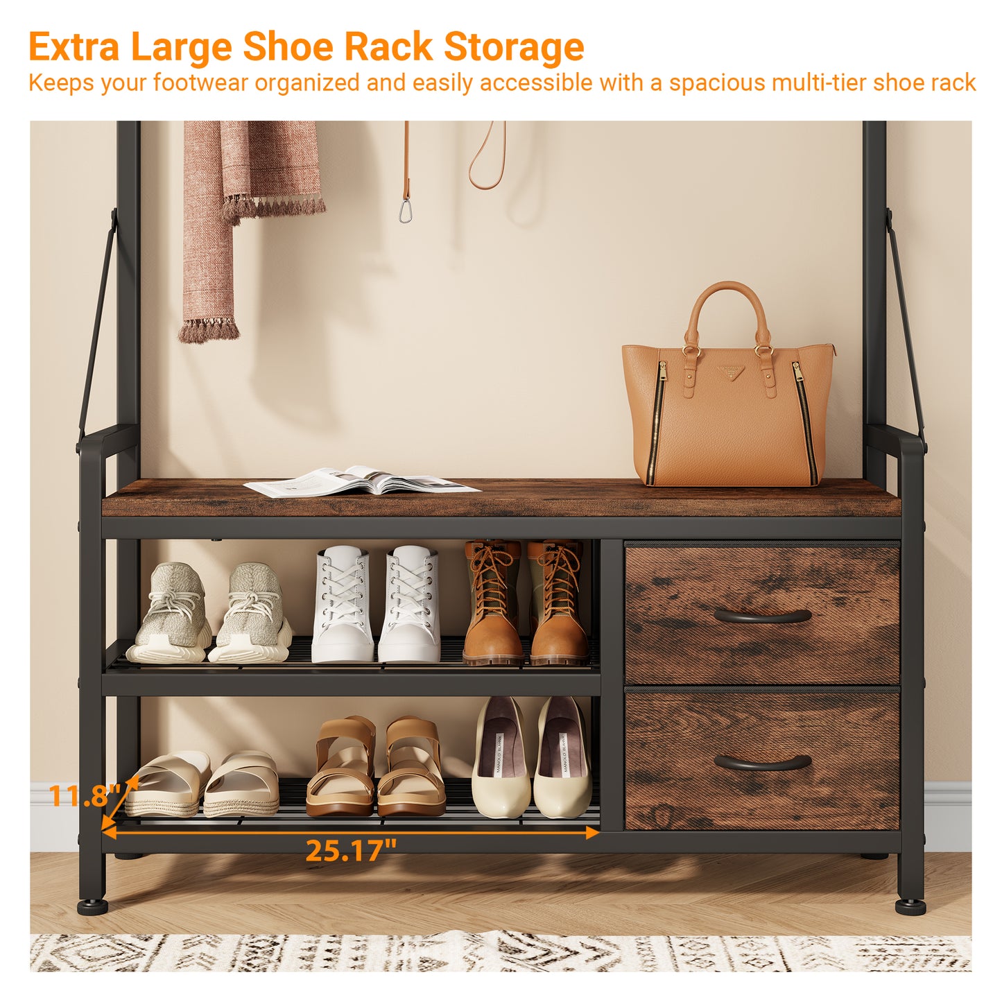 Laintene Hall Tree with Bench - 6-in-1 Wider 39.4" Entryway Organizer, 24 Adjustable Hooks & 2 Drawers, Hanging Rod & Top Shelf, 300lb Weight Capacity for Hallway and Living Room, Rustic Brown