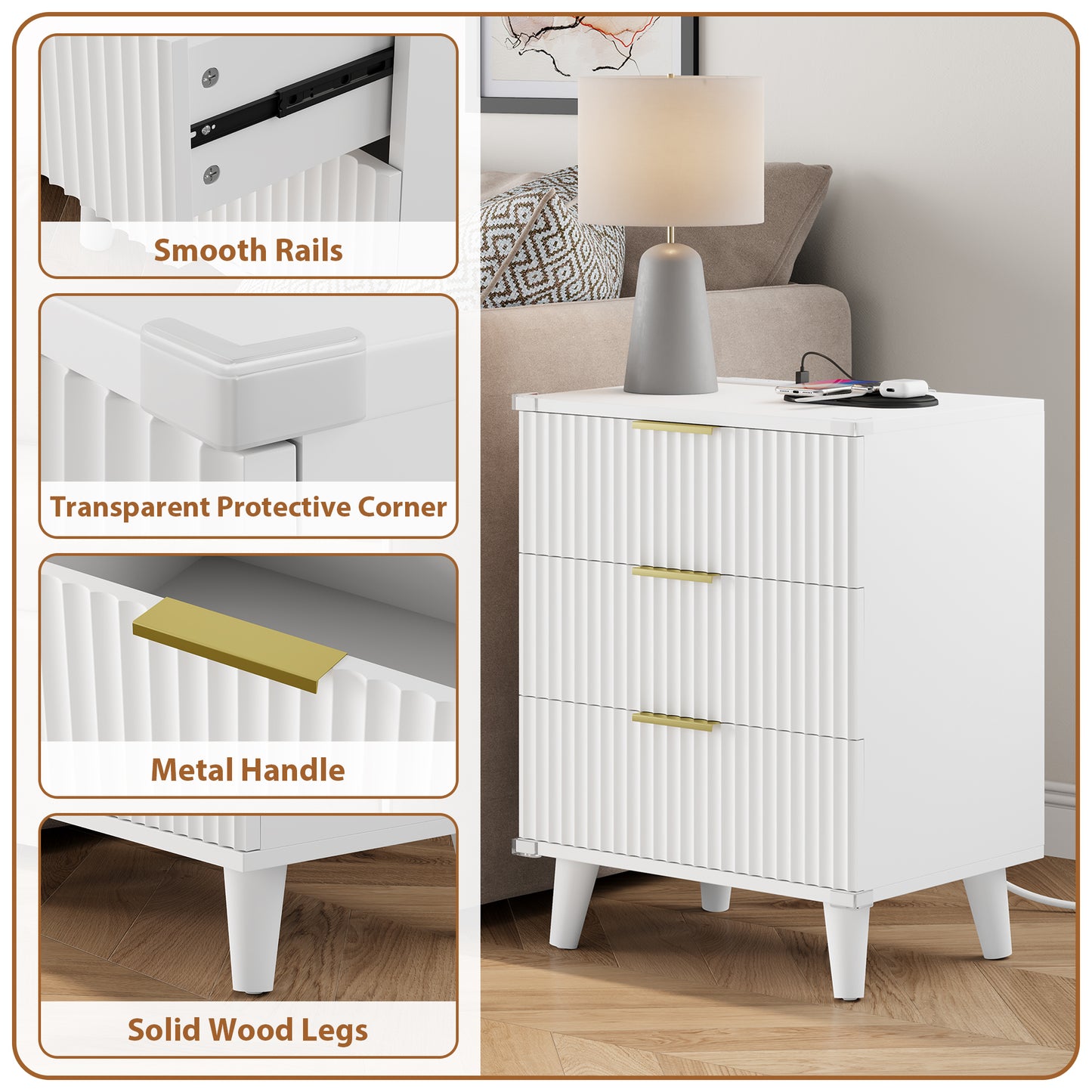 Laintene 3-Drawer Dresser Set of 2, Nightstand with Charging Station - Modern Fluted with Solid Wood Legs, 2 AC Outlets & 2 USB Ports, Small End Table with Storage, White