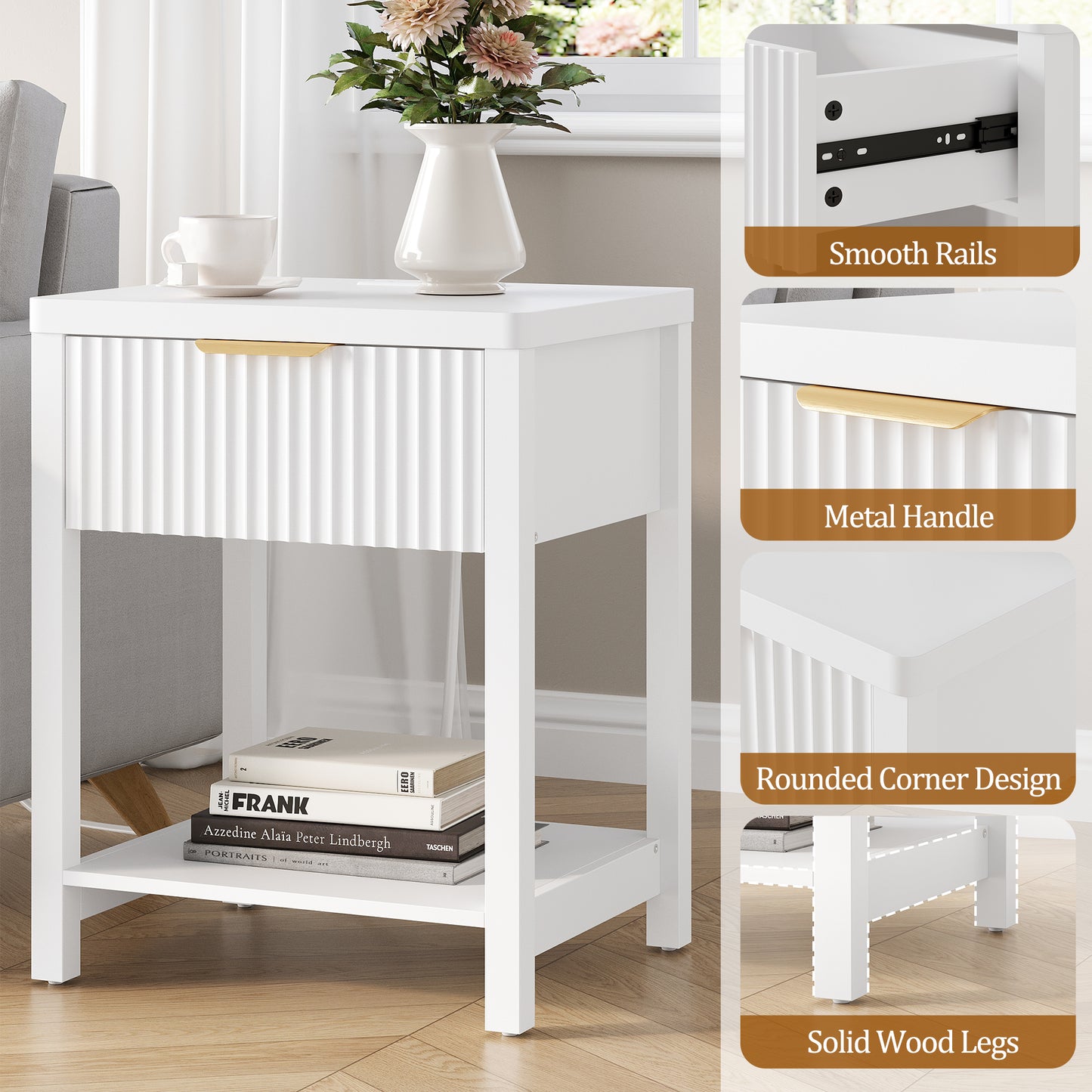 Laintene Fluted Nightstand Set of 2 - Modern Bedside Table with Drawer & Open Shelf, 2 AC Outlets + USB &Type-C for Bedroom & Living Room, White