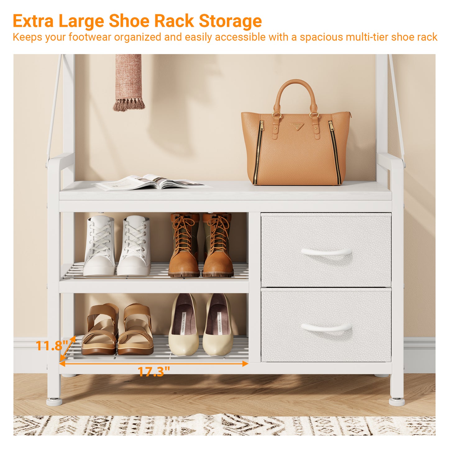 Laintene Hall Tree with Bench - 6-in-1 Industrial 31.5" Entryway Organizer, 17 Adjustable Hooks & 2 Drawers, Hanging Rod & Top Shelf, 300lb Weight Capacity for Hallway and Living Room, White