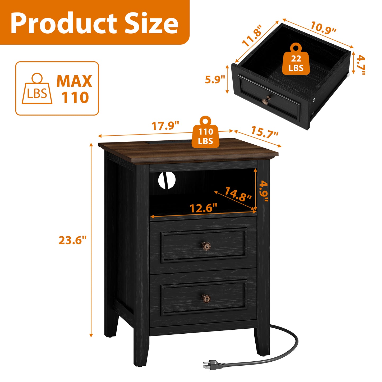 LainTene Nightstand with Charging Station, Farmhouse Bedside Table with 2 Drawers, USB & AC Outlets for Bedroom & Living Room, Oak Black Finish