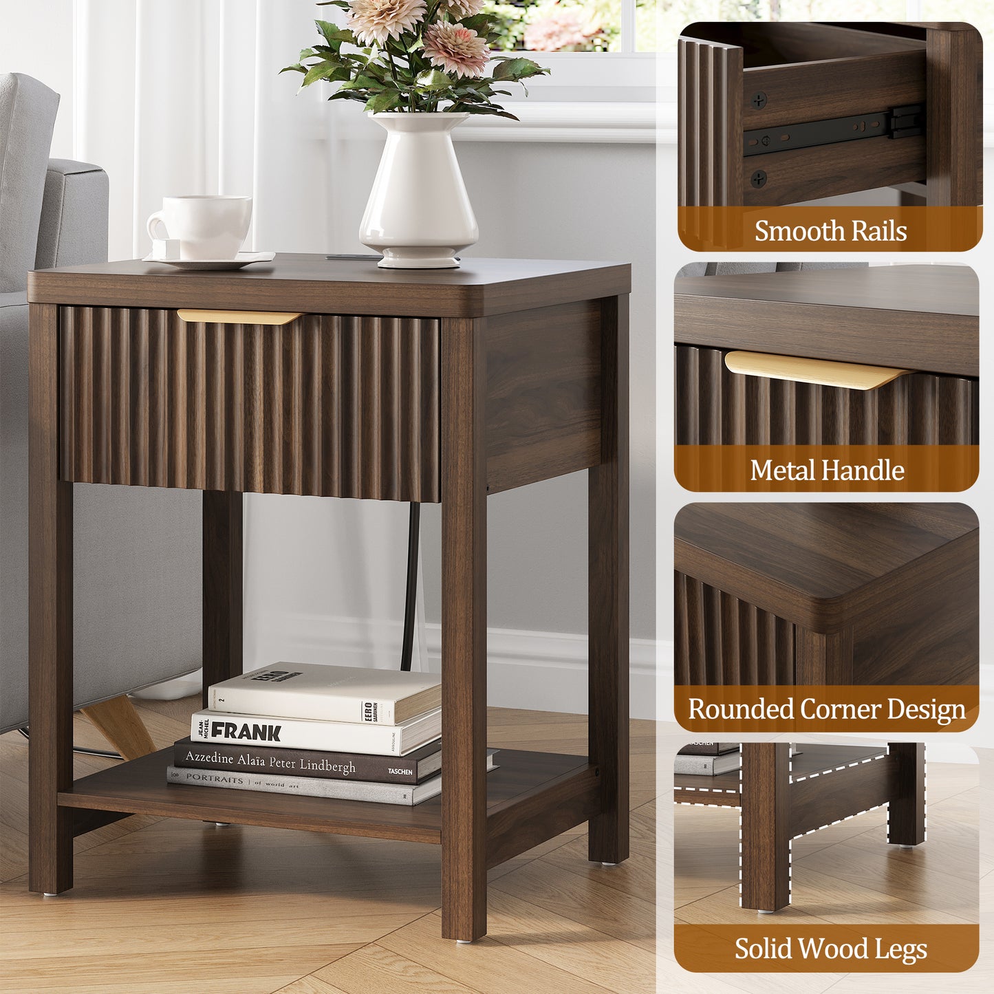 Laintene Fluted Nightstand with Charging Station - Modern Bedside Table with Drawer & Open Shelf, 2 AC Outlets + USB &Type-C for Bedroom & Living Room, Walnut