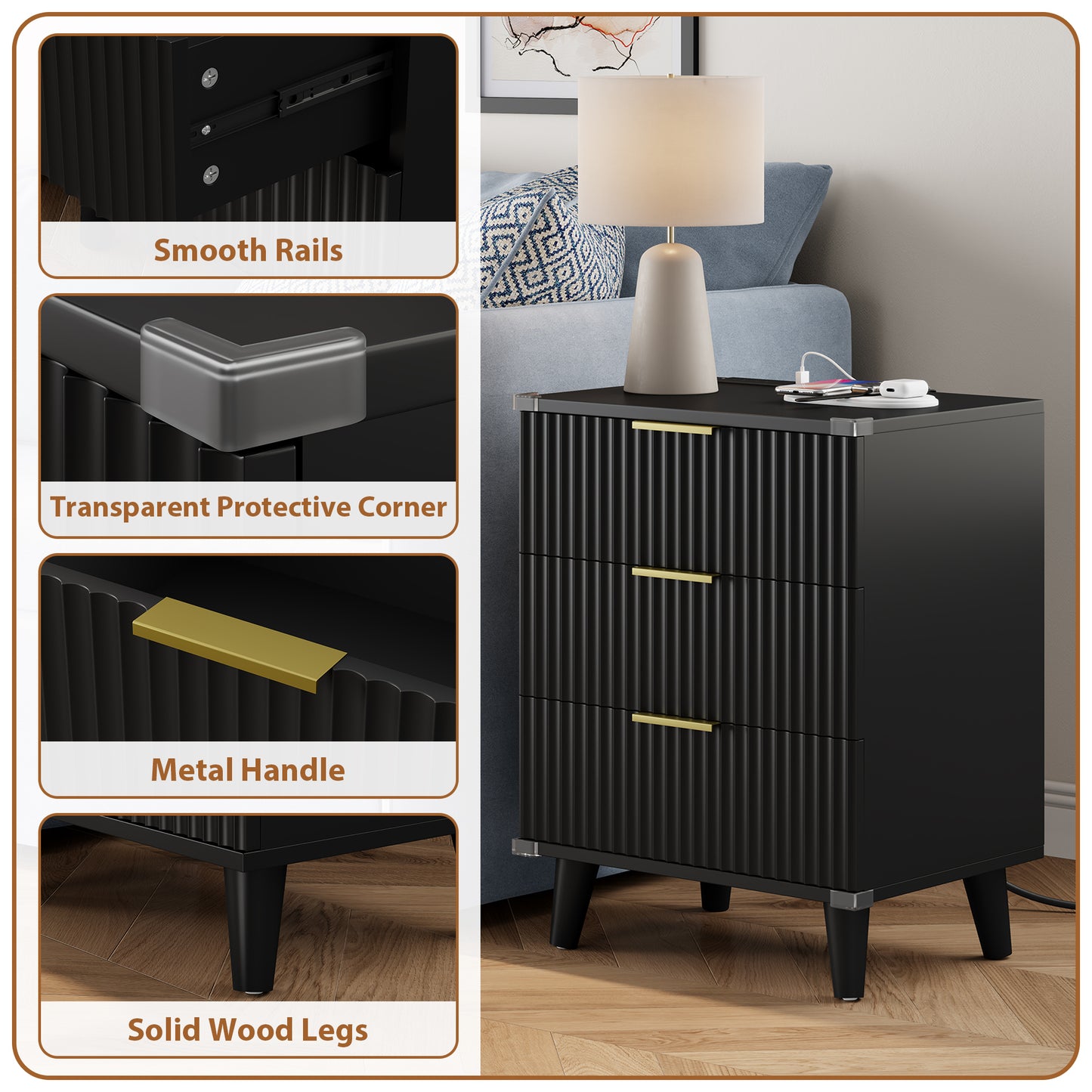Laintene 3-Drawer Dresser Set of 2, Nightstand with Charging Station - Modern Fluted with Solid Wood Legs, 2 AC Outlets & 2 USB Ports, Small End Table with Storage, Black