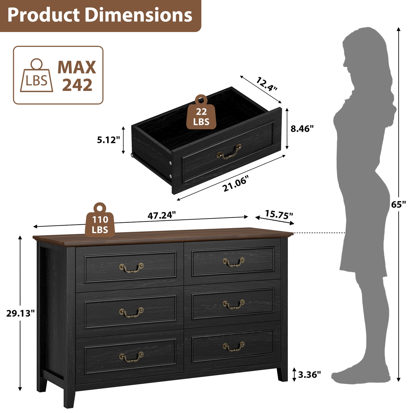 LainTene Farmhouse 3-Piece Dresser Set - 1x6-Drawer Storage Dresser & 2x Nightstands with USB Ports, Solid Wood Vintage Bedroom Furniture, Oak Black