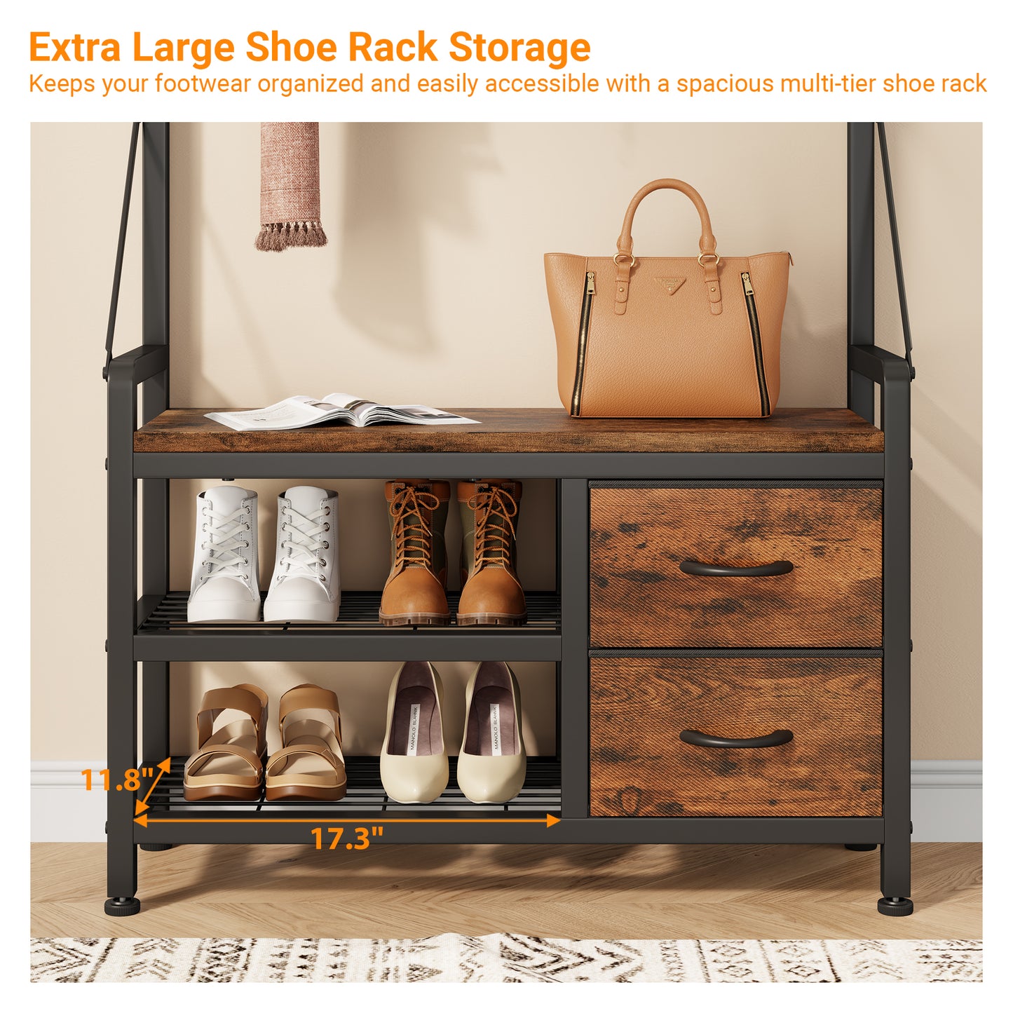 Laintene Hall Tree with Bench - 6-in-1 Industrial 31.5" Entryway Organizer, 17 Adjustable Hooks & 2 Drawers, Hanging Rod & Top Shelf, 300lb Weight Capacity for Hallway and Living Room, Rustic Brown
