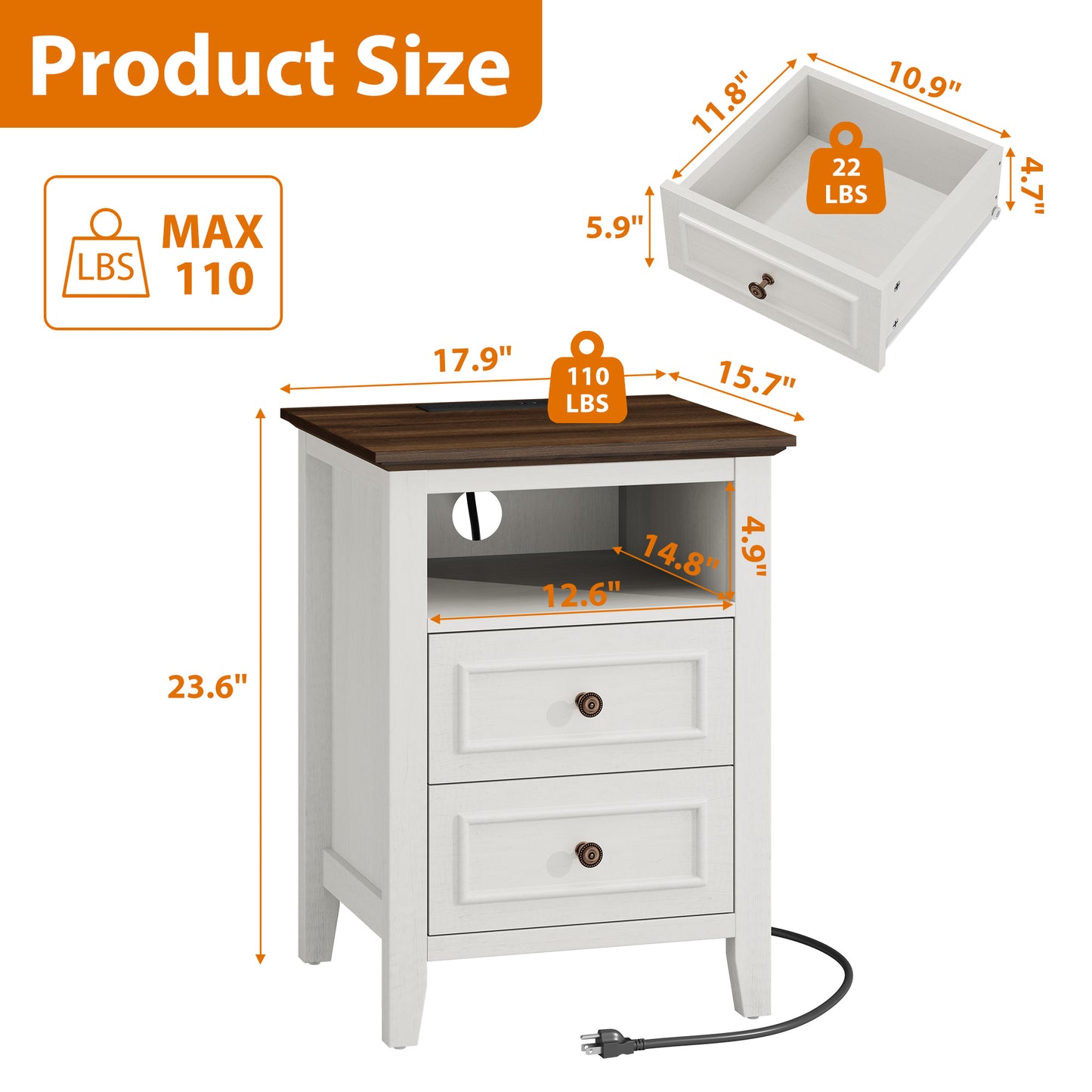 LainTene Nightstand with Charging Station, Farmhouse Bedside Table with 2 Drawers, USB & AC Outlets for Bedroom & Living Room, Oak White Finish