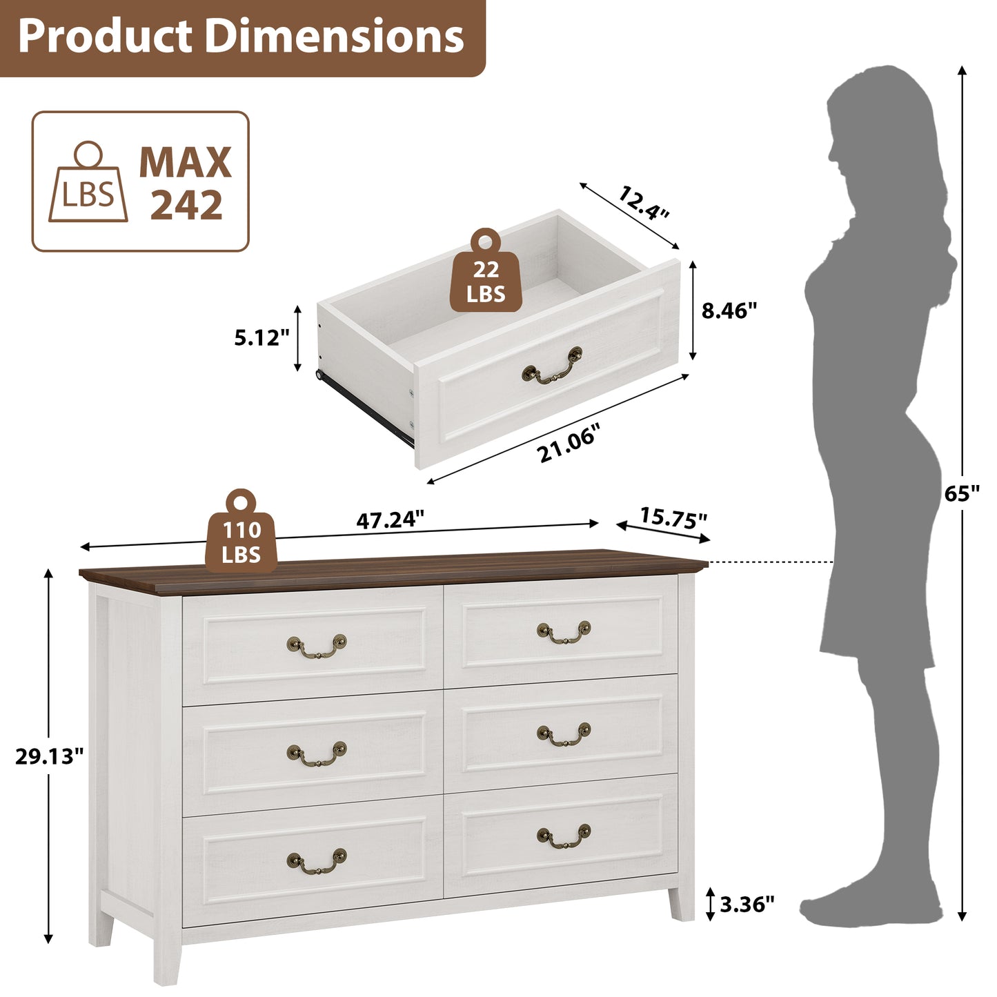 LainTene Farmhouse 3-Piece Dresser Set - 1x6-Drawer Storage Dresser & 2x Nightstands with USB Ports, Solid Wood Vintage Bedroom Furniture, Oak White