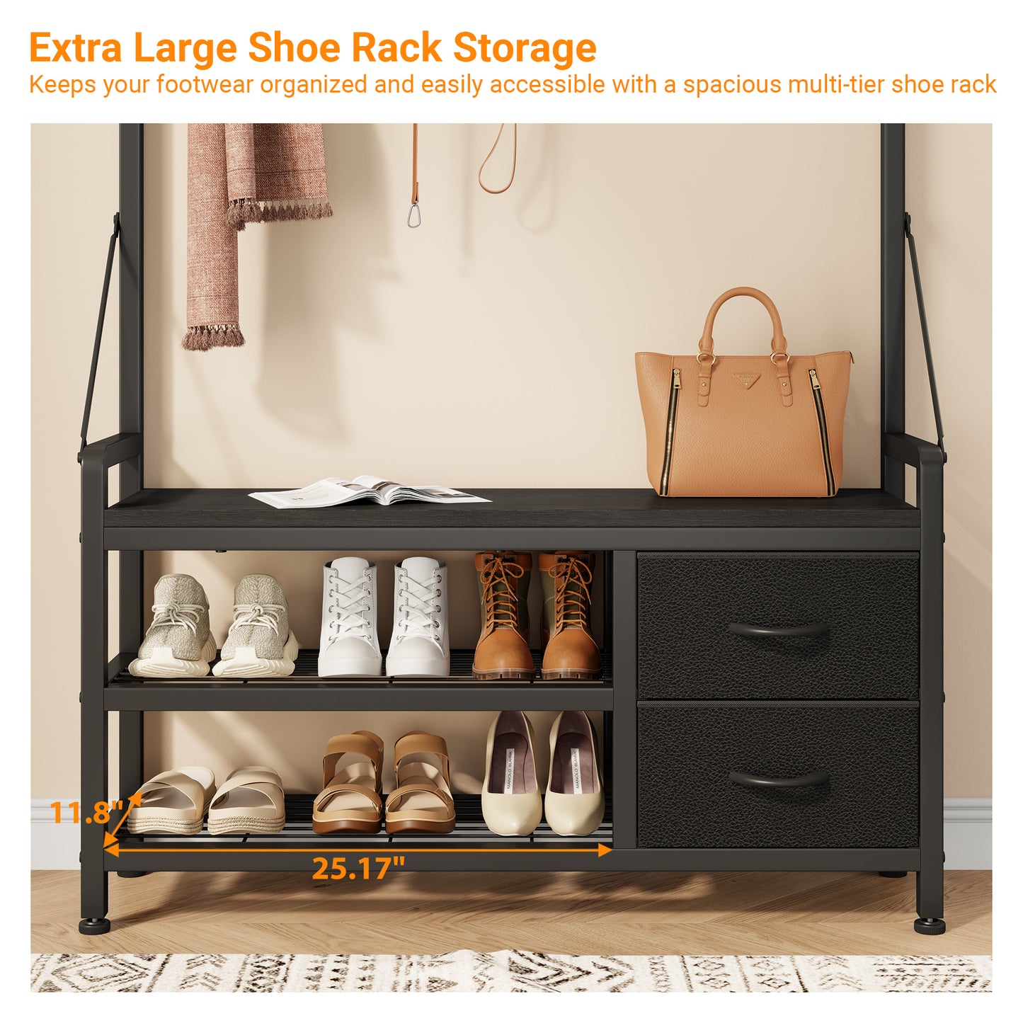 Laintene Hall Tree with Bench - 6-in-1 Wider 39.4" Entryway Organizer, 24 Adjustable Hooks & 2 Drawers, Hanging Rod & Top Shelf, 300lb Weight Capacity for Hallway and Living Room, Black