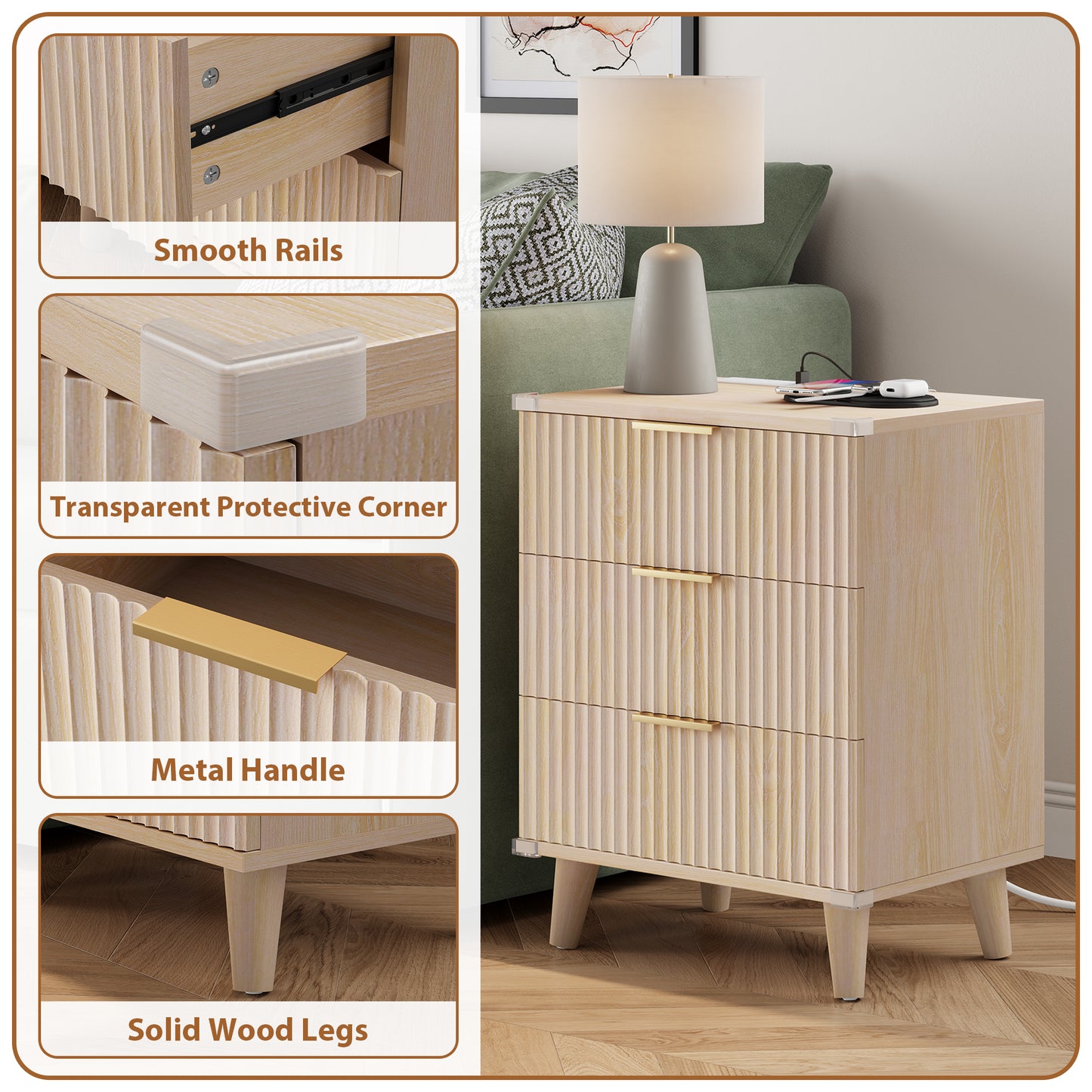Laintene 3-Drawer Dresser Set of 2, Nightstand with Charging Station - Modern Fluted with Solid Wood Legs, 2 AC Outlets & 2 USB Ports, Small End Table with Storage, Natural
