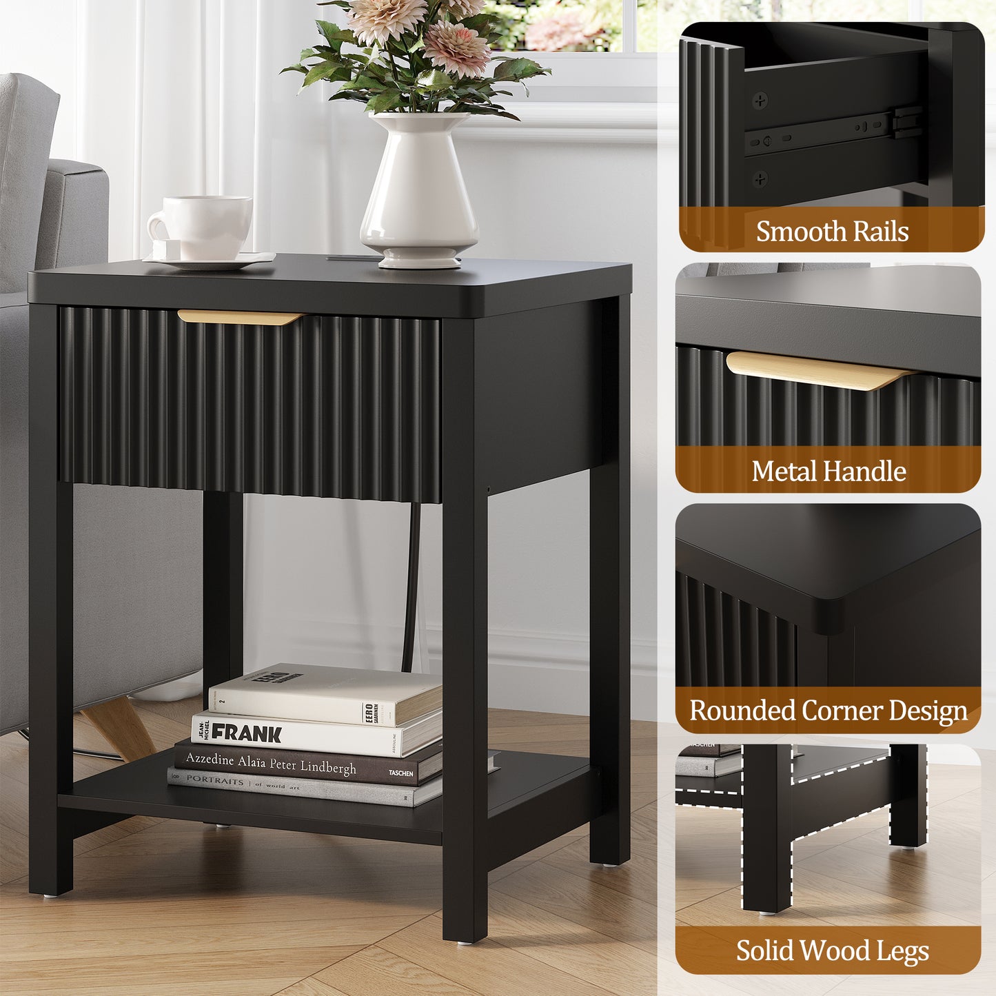 Laintene 3-Piece Boho Bedroom Set - 6-Drawer Dresser & 2 Nightstands with Drawer & USB Charging, Fluted Wooden Storage, Modern Dresser & Nightstand Combo, Black