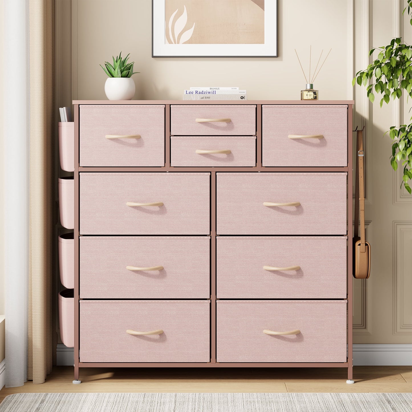 Pink Dresser for Bedroom,10 Drawer Dresser Wide Chest Of Drawers, Fabric Storage Dresser With Wood Top for Living Room, Bedroom, Hallway, Pink