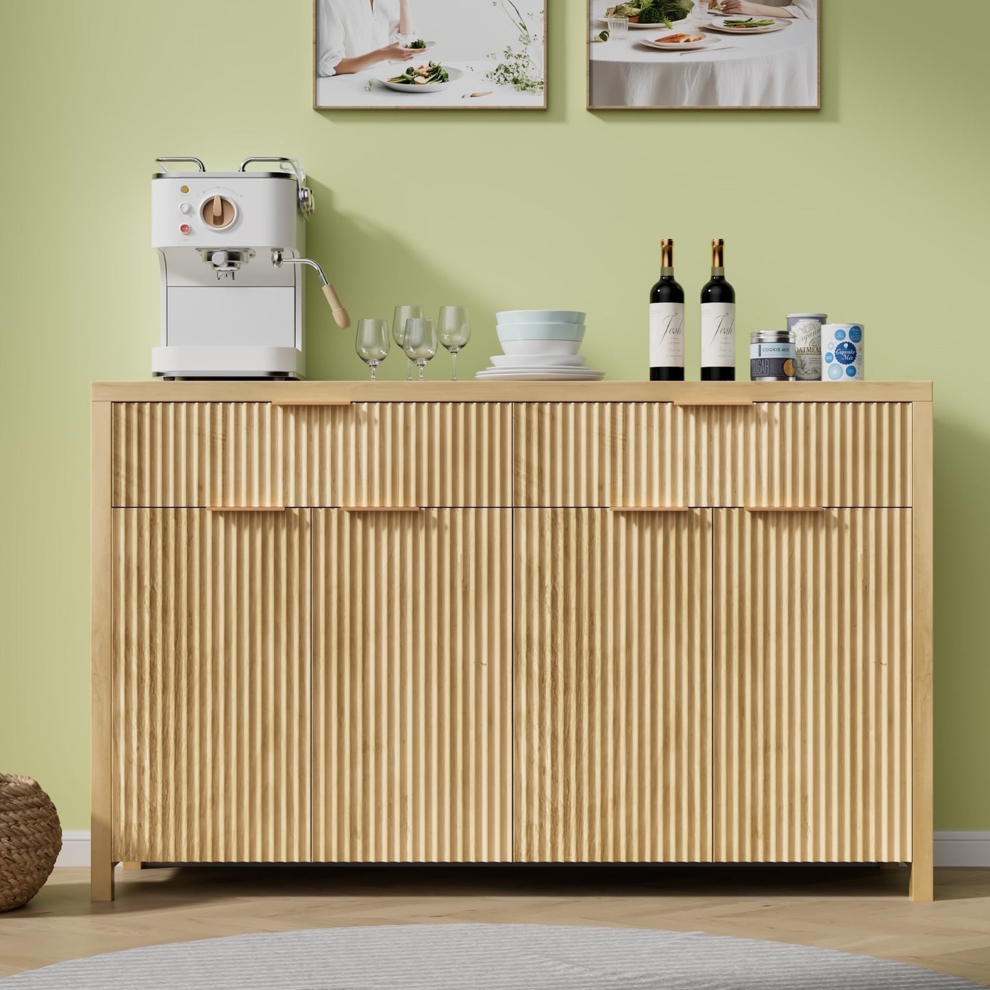 Laintene 55"L Sideboard Buffet Cabinet with Storage, Fluted Accent Storage Cabinet with Doors & Adjustable Shelves for Living Room Dining Room and Kitchen, Natural Oak