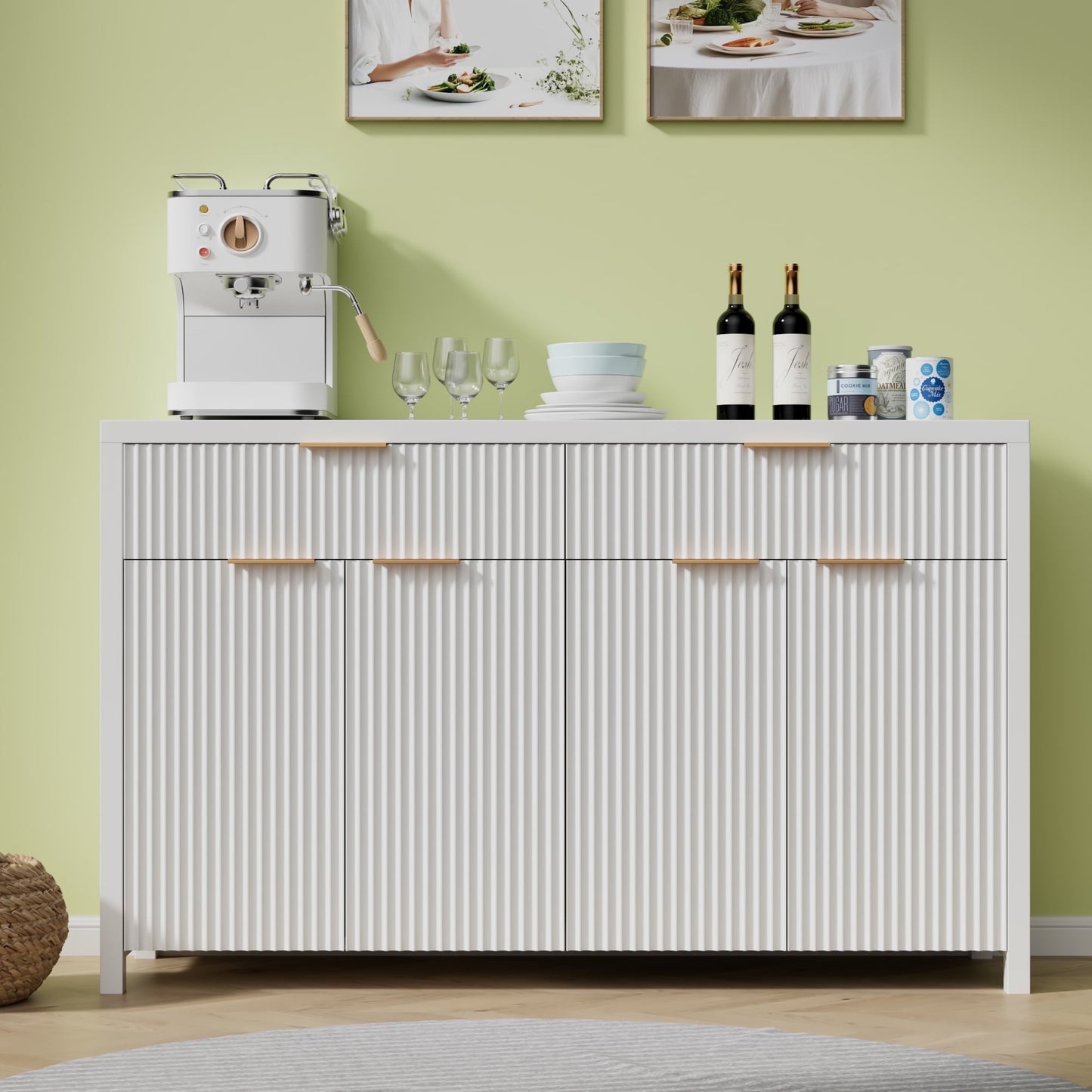 Laintene 55"L Sideboard Buffet Cabinet with Storage, Fluted Accent Storage Cabinet with Doors & Adjustable Shelves for Living Room Dining Room and Kitchen, White