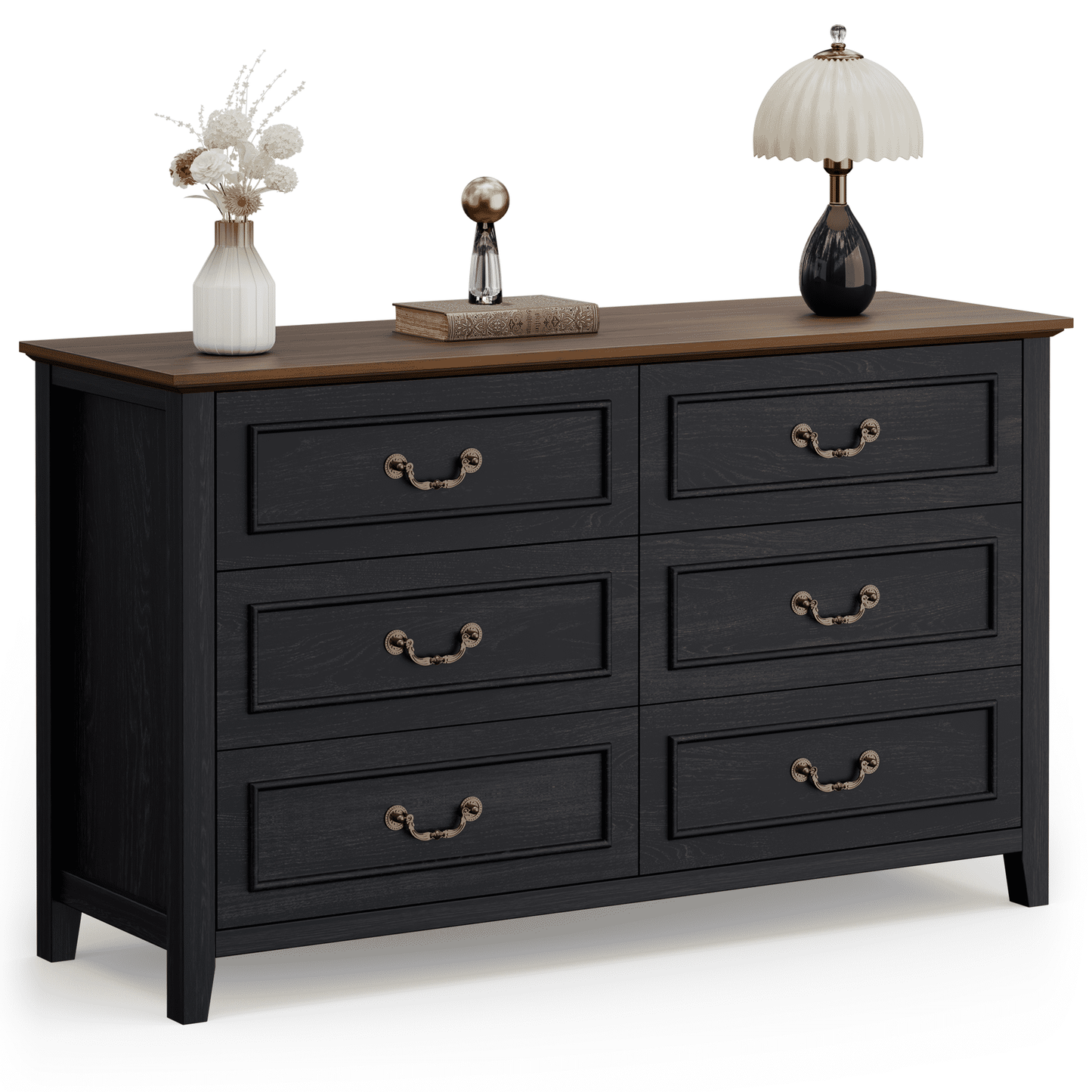 LainTene Farmhouse 6-Drawer Dresser - Rustic Black Wood Dresser with Antique Bronze Handles, Vintage Storage Chest for Bedroom, Living Room & Entryway