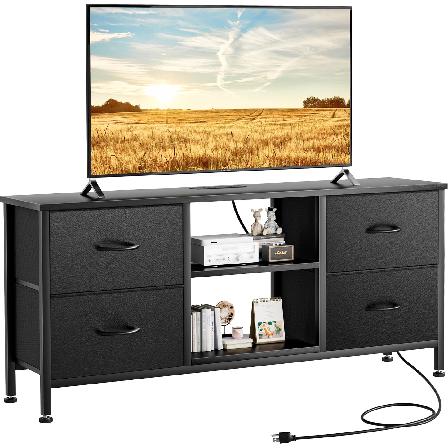 TV Stand for Bedroom, Television Stand for TV up to 50 Inch Entertainment Center Dresser with 4 Drawers Open Storage Shelves for Living Room, Entryway,Black PU